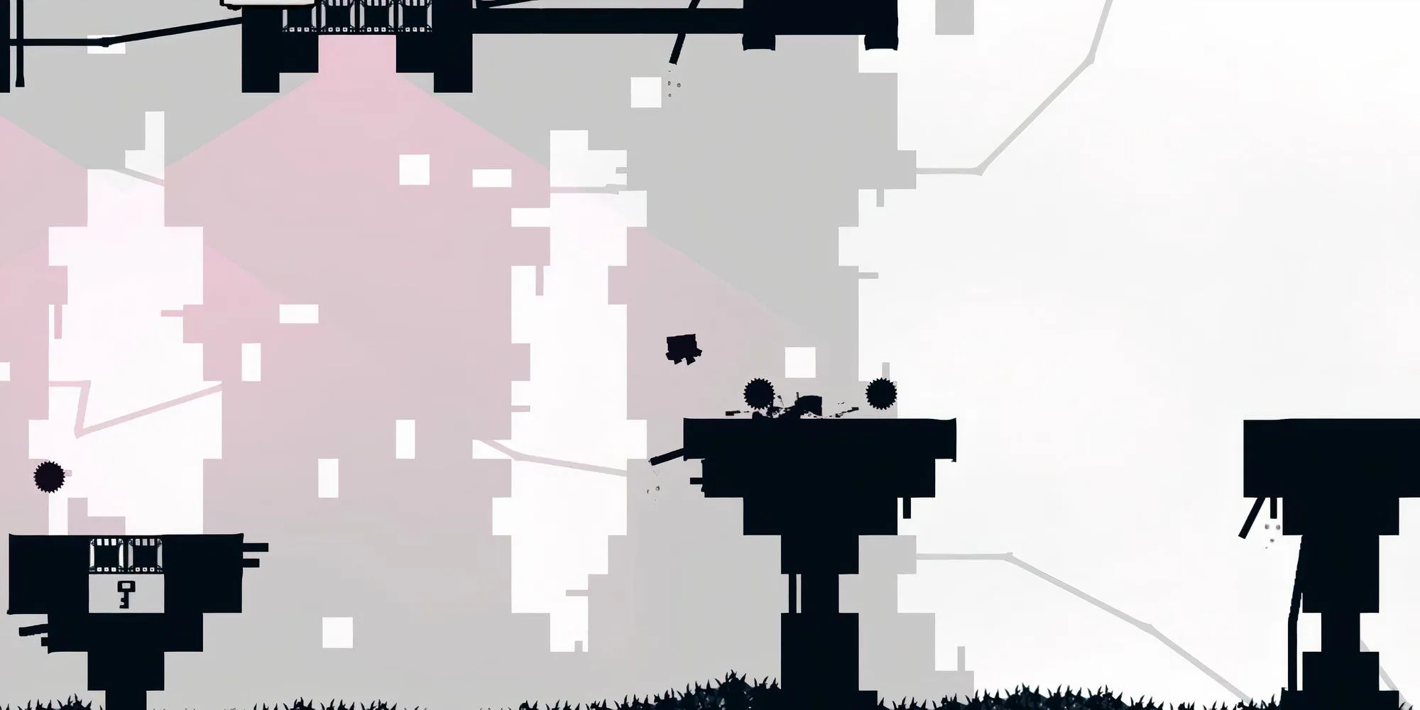 Nhân vật chính Super Meat Boy đứng gần hai bánh răng cơ khí lớn trên một bề mặt cao