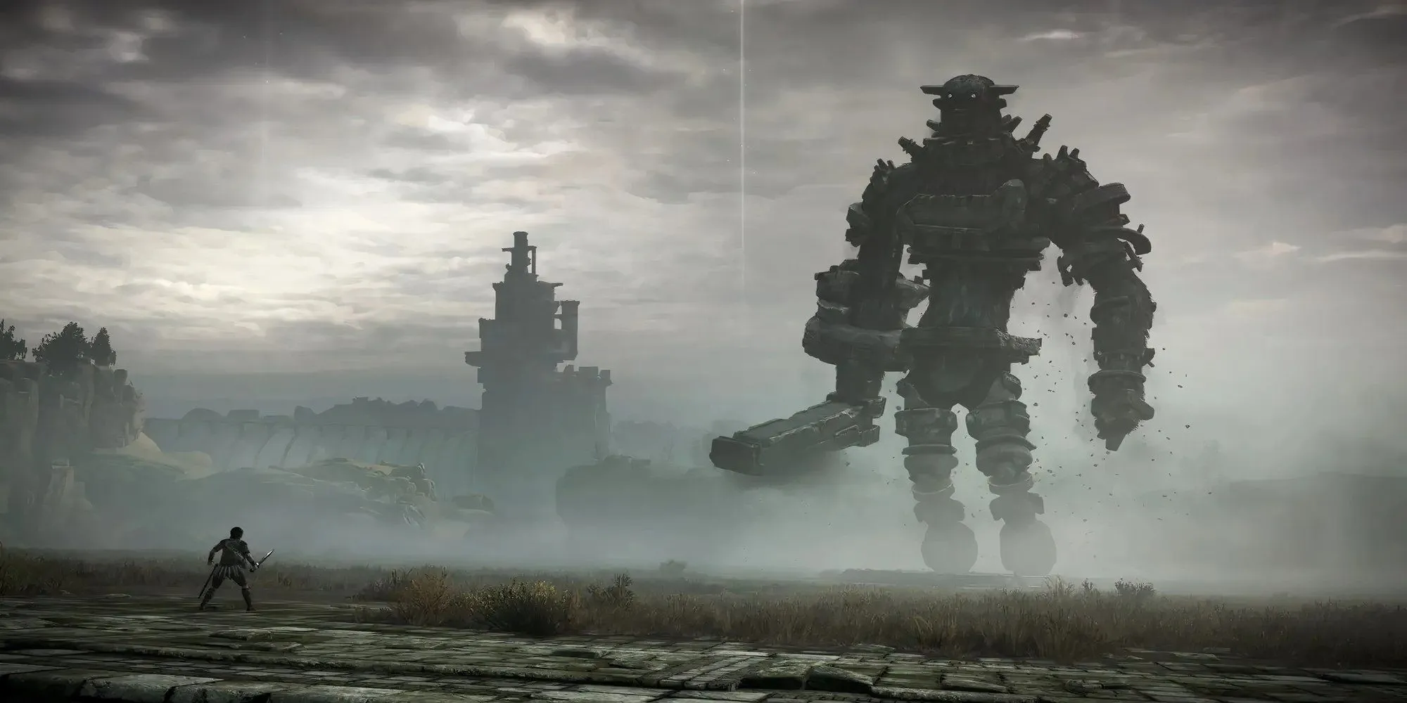 Nhân vật chính Wander đối mặt với một trong những colossus khổng lồ của game