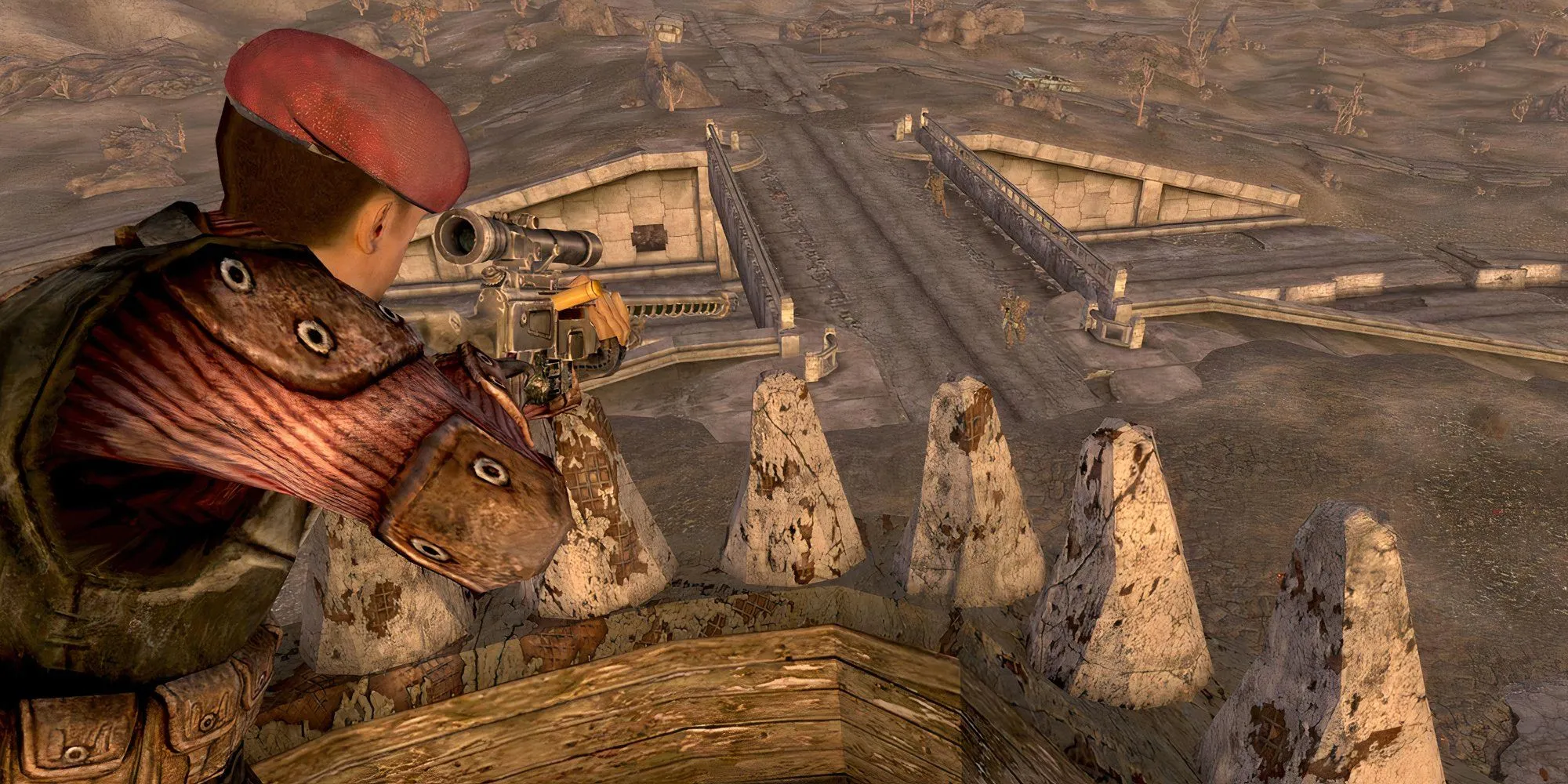 Nhân vật Courier trong Fallout New Vegas sử dụng súng bắn tỉa từ trên cao quan sát