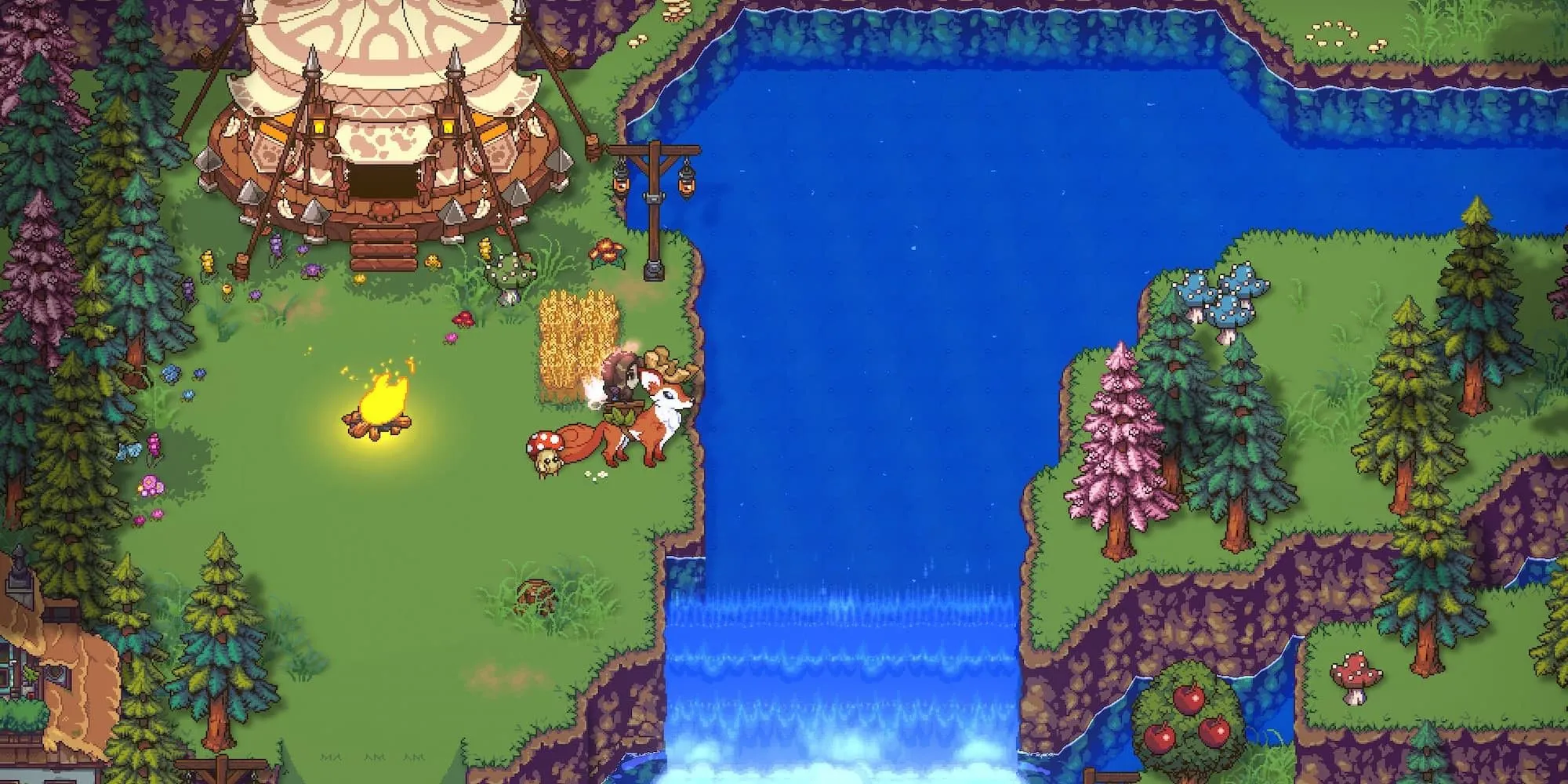 Nhân vật cưỡi một sinh vật huyền bí bay trên bầu trời trong game Sun Haven pixel