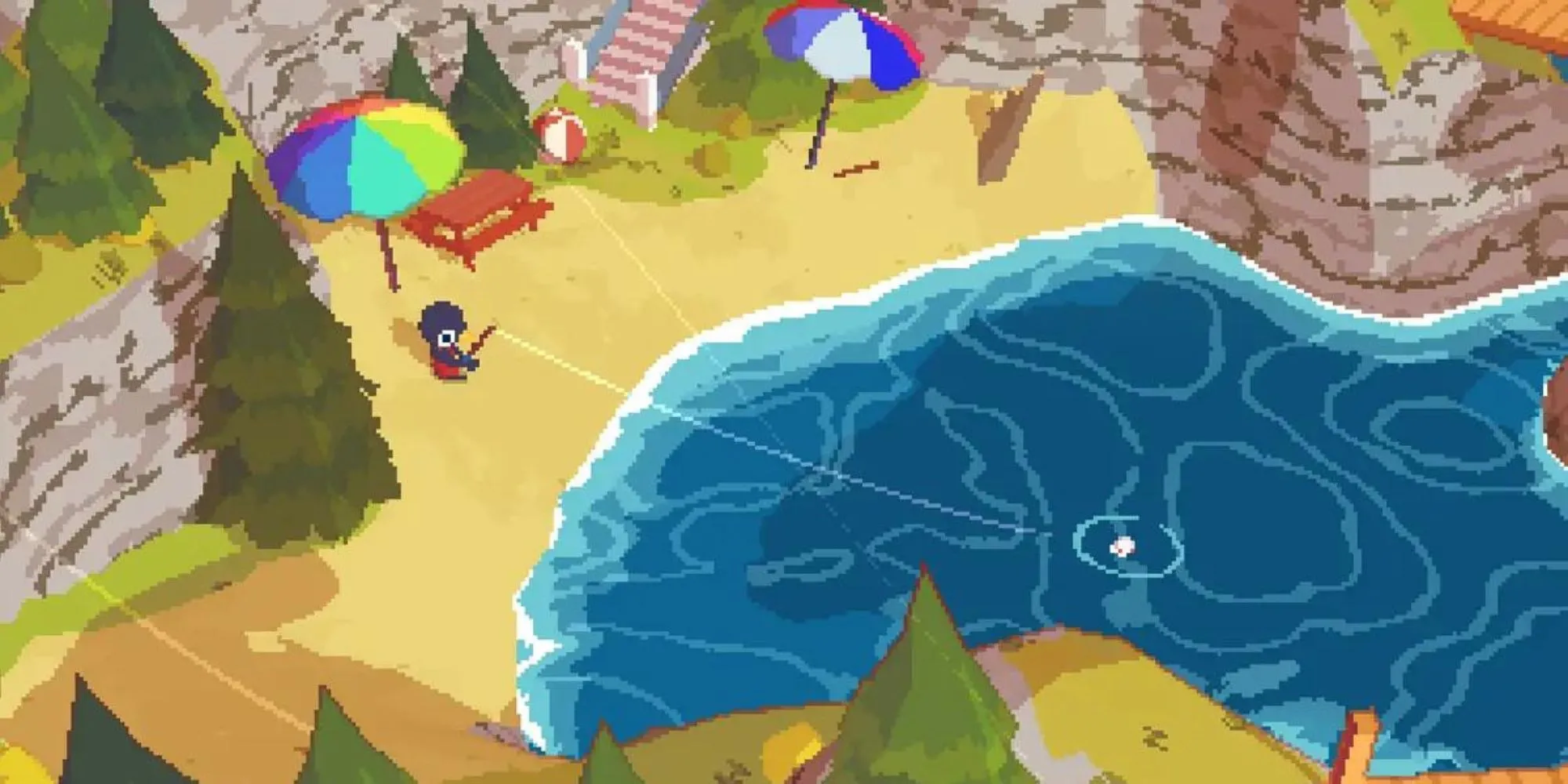 Nhân vật đang câu cá trên bãi biển trong game A Short Hike, một trong nhiều mini-game thư giãn.