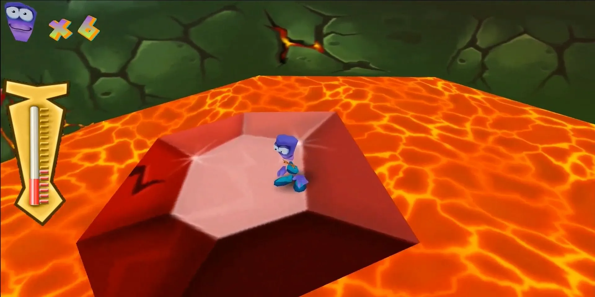 Nhân vật Ed đứng trên một bệ đá trong game platformer 3D Tonic Trouble với đồ họa kỳ lạ