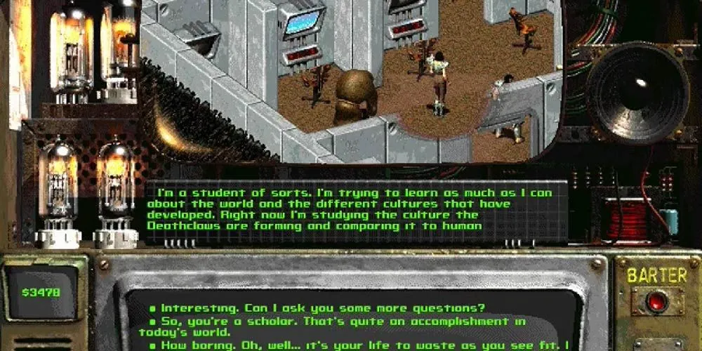 Nhân vật Goris trong Fallout 2 đang thảo luận về văn hóa Deathclaw