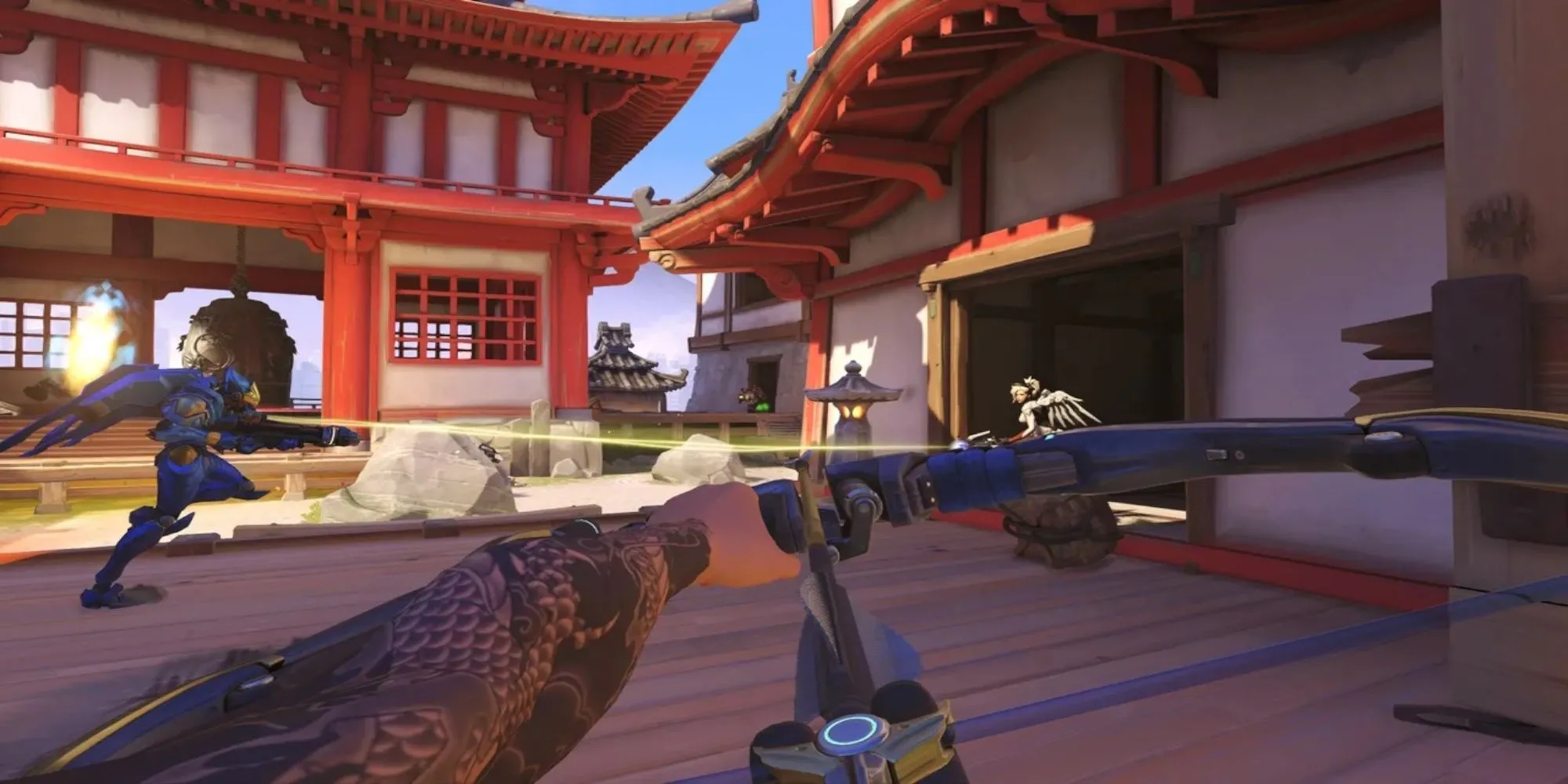 Nhân vật Hanzo trong game Overwatch đang ngắm bắn cung tên
