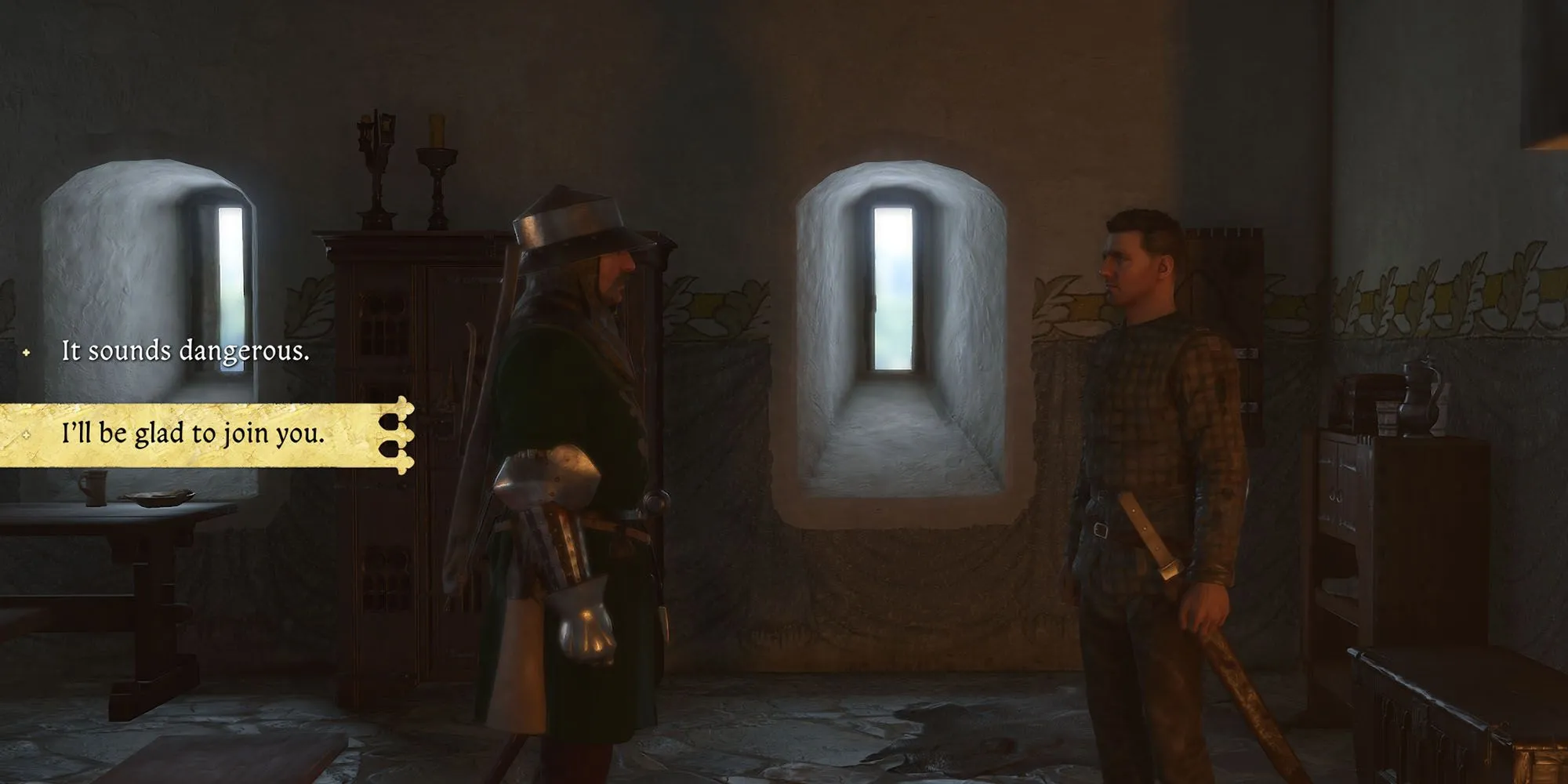 Kingdom Come Deliverance 2: Hướng dẫn chi tiết nhiệm vụ The Jaunt 1 Nhân vật Henry đang nói chuyện với Đội trưởng Gnarly trong Kingdom Come Deliverance 2