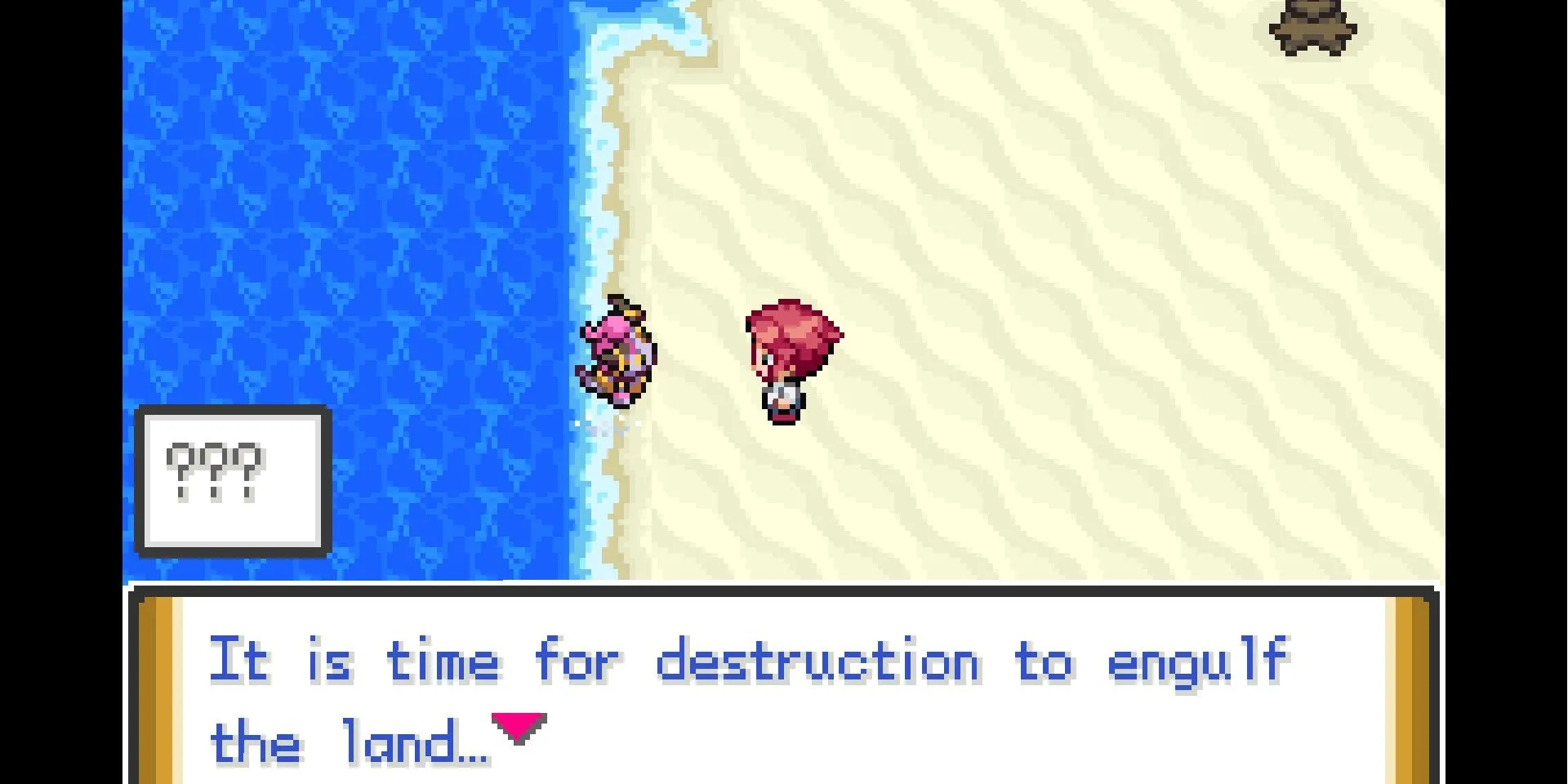 Nhân vật nữ tóc hồng đứng trên bãi biển trong Pokémon Unbound nói chuyện với một Hoopa