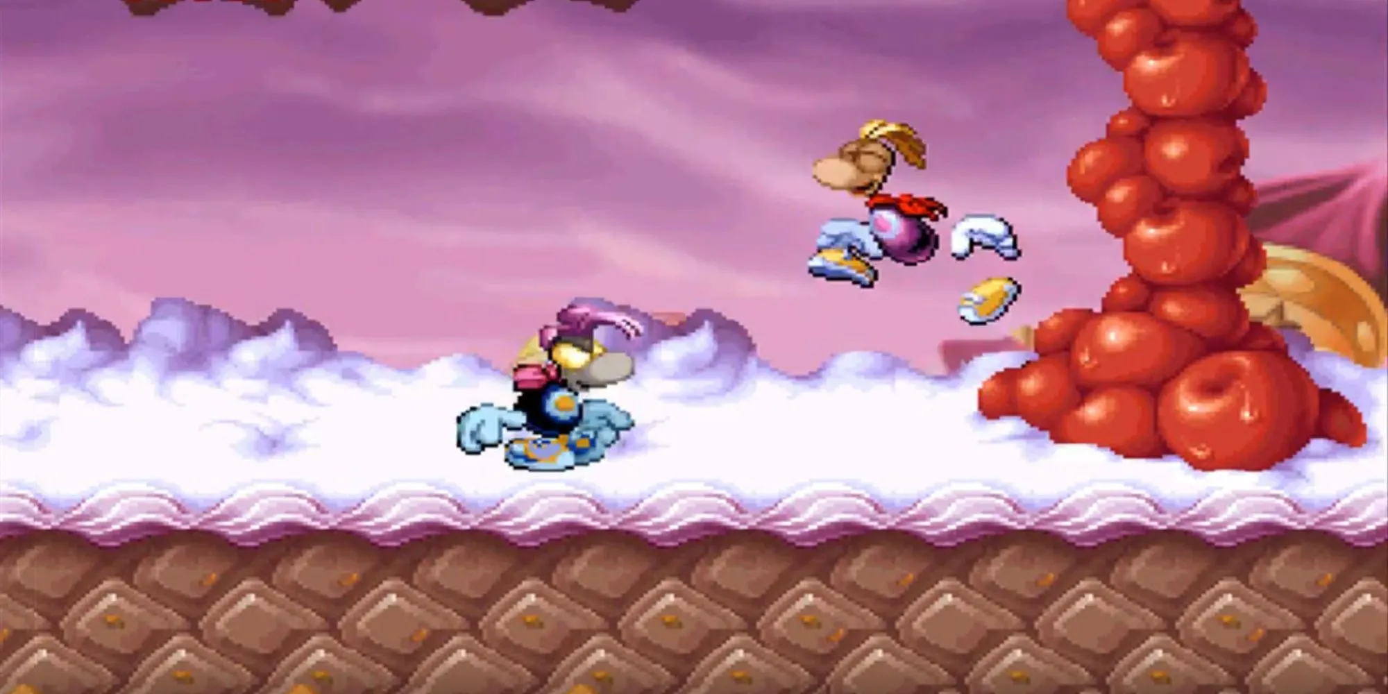 Nhân vật Rayman trong một màn chơi đầy màu sắc và kẹo ngọt của game Rayman PS1