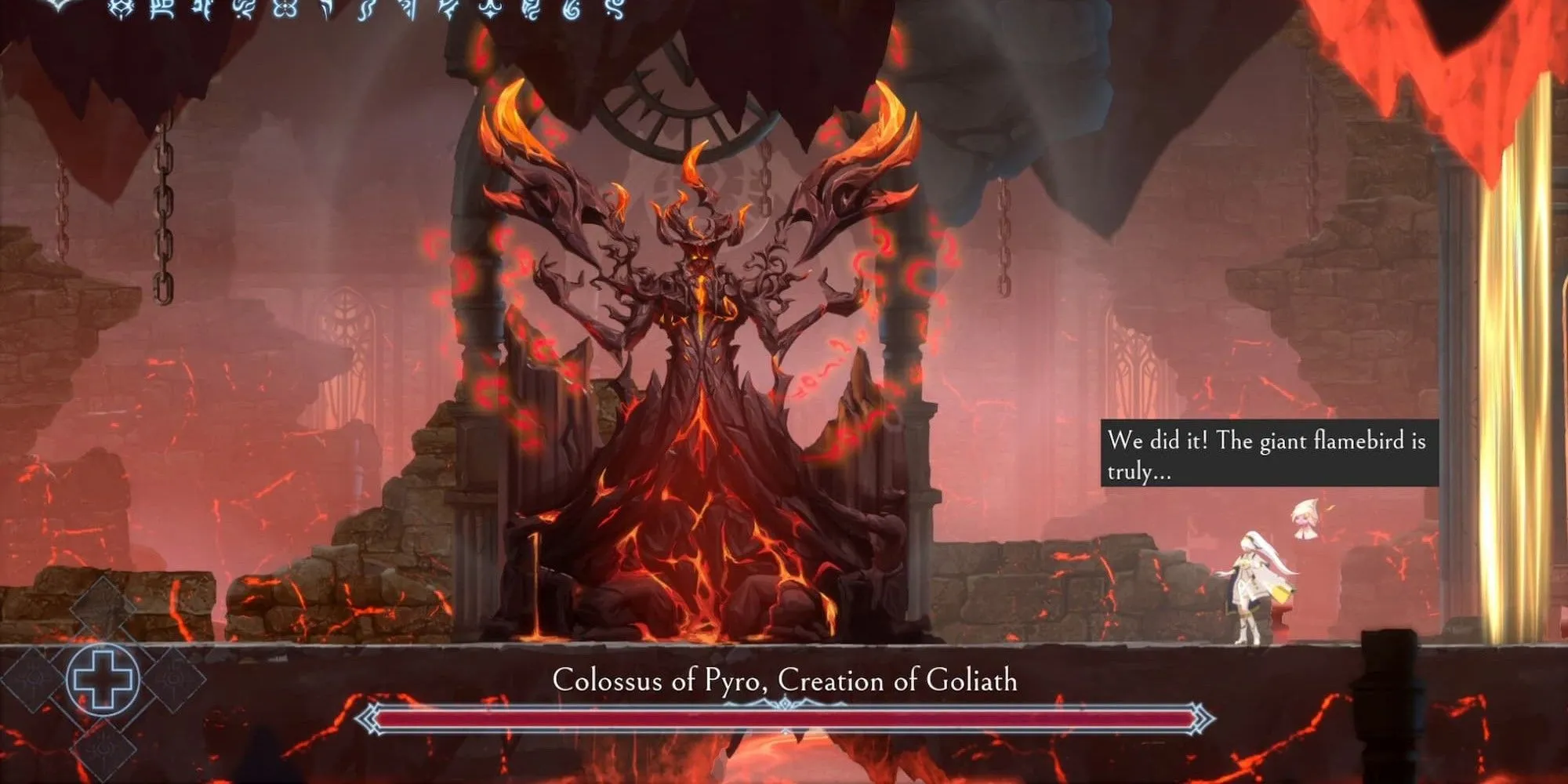 Nhân vật Renee đối mặt với Colossus of Pyro, một sinh vật khổng lồ trong game Afterimage