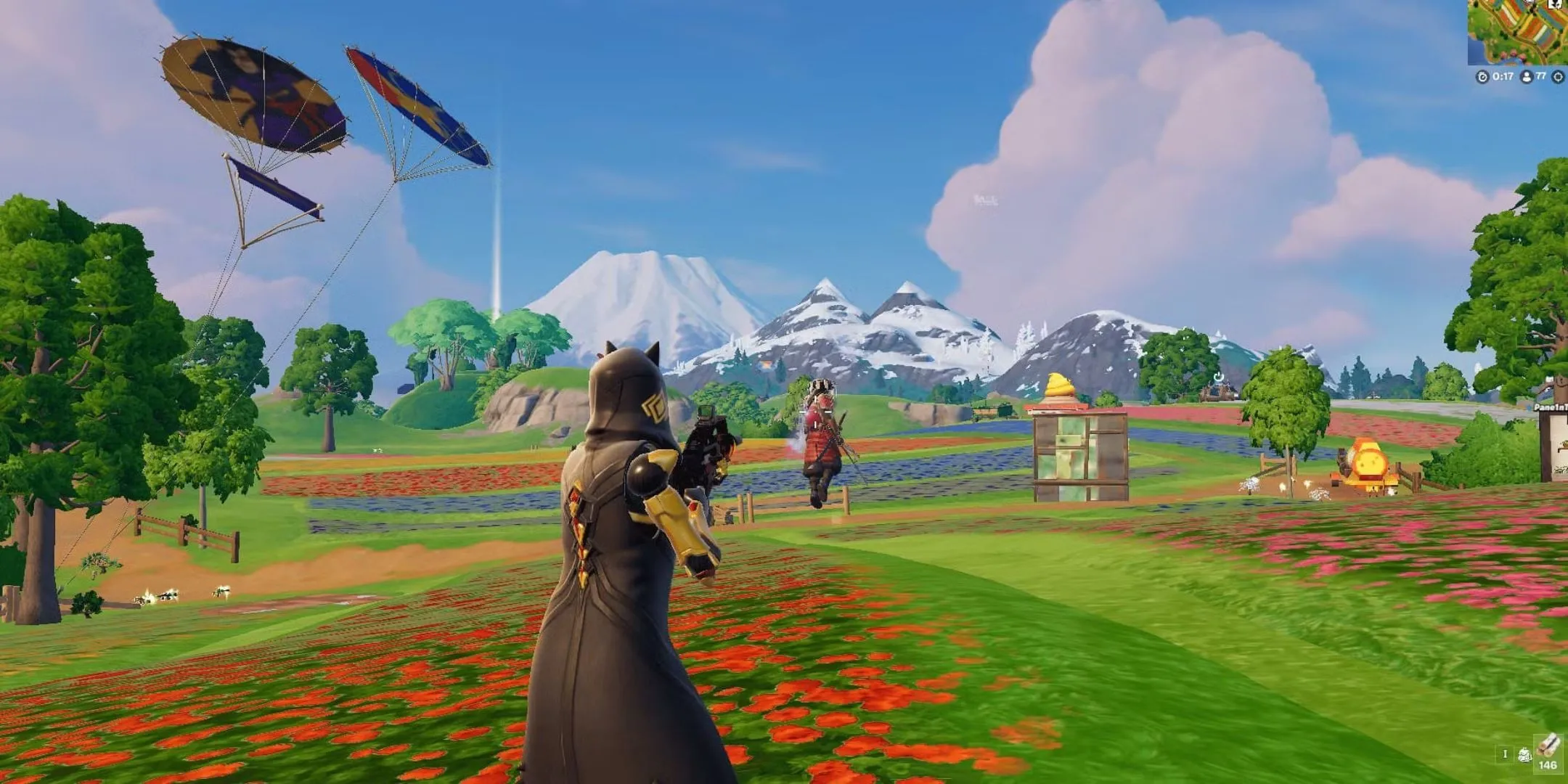 Nhân vật Shogun X trong Fortnite đang di chuyển trong thế giới game đầy màu sắc