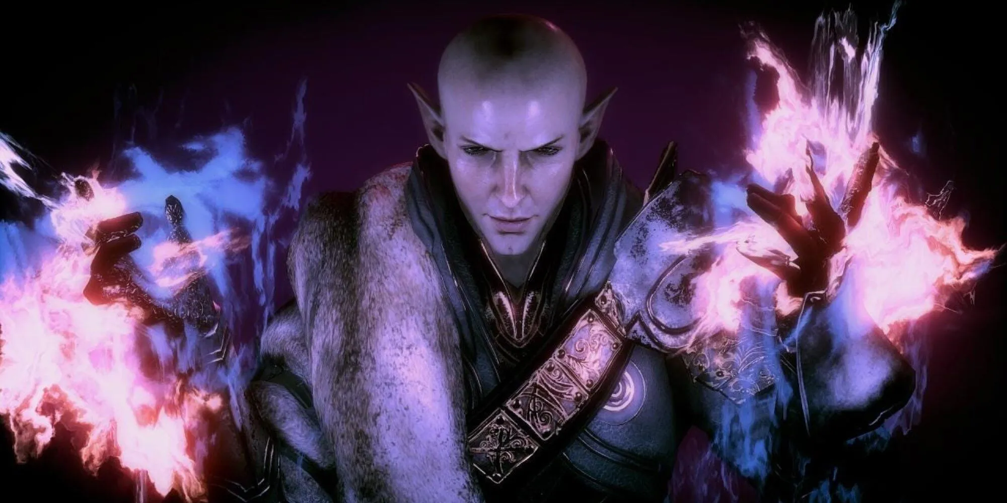 Nhân vật Solas, một pháp sư Elf quyền năng, đang sử dụng ma thuật từ The Fade trong Dragon Age Inquisition