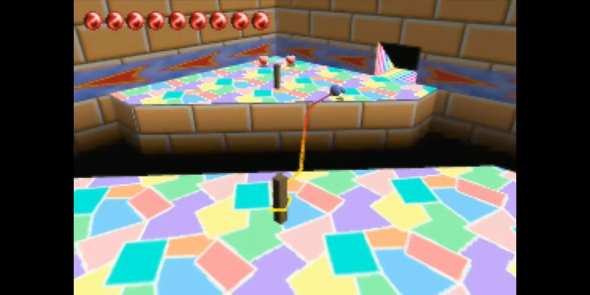 Nhân vật tắc kè hoa dùng lưỡi đu bám trong game platformer 3D Chameleon Twist trên N64