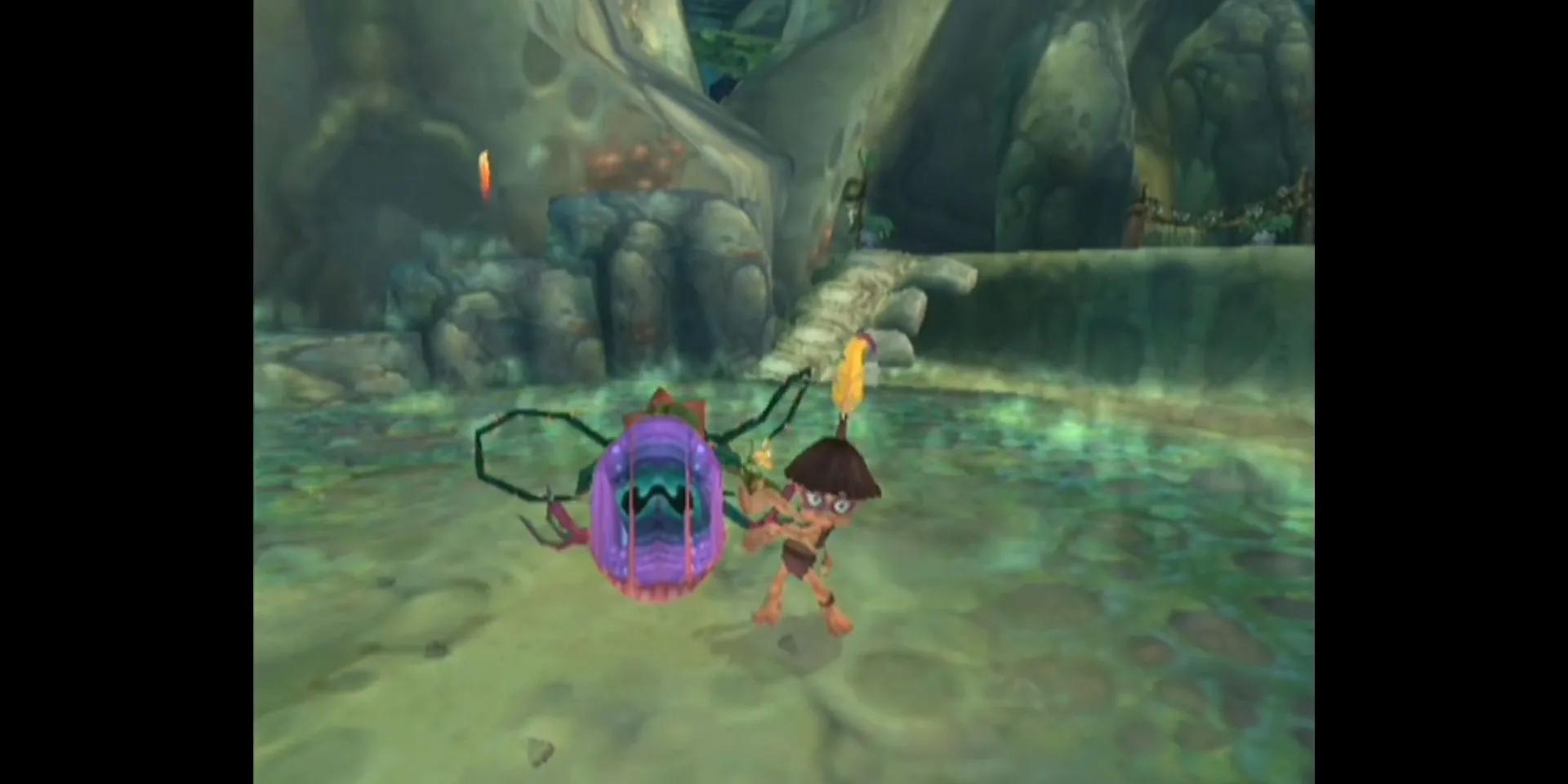 Nhân vật Tak nhận một vật phẩm trong game phiêu lưu platformer Tak and the Power of Juju