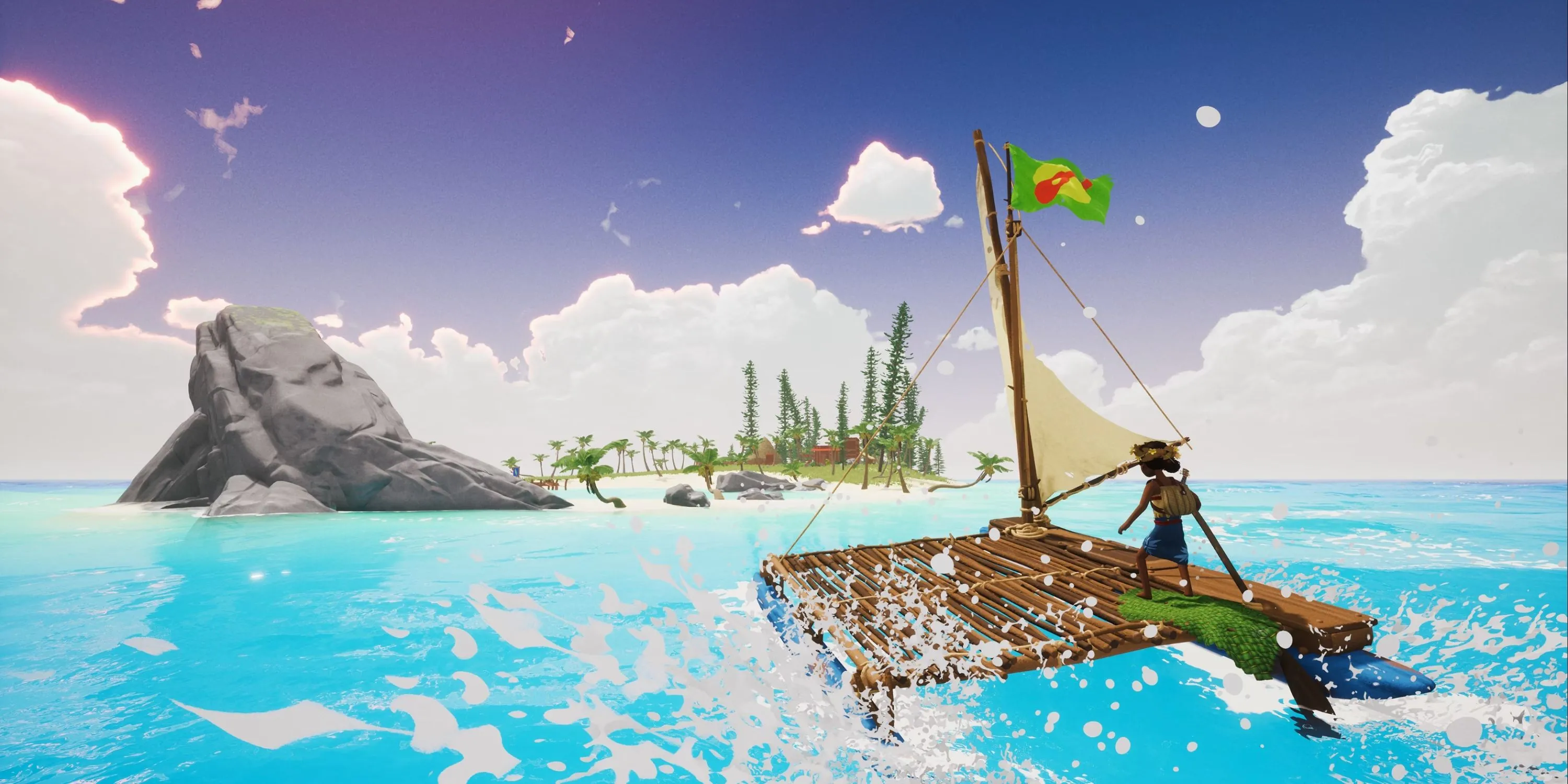 Nhân vật Tchia chèo thuyền trên biển xanh ngắt trong game