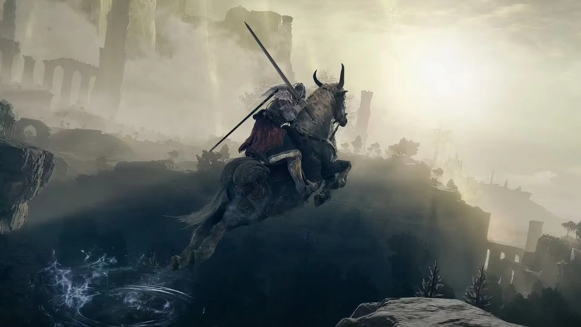 Nhân vật trong Elden Ring cưỡi Torrent nhảy qua vực thẳm, minh họa cho một trong những tựa game thành công năm 2022