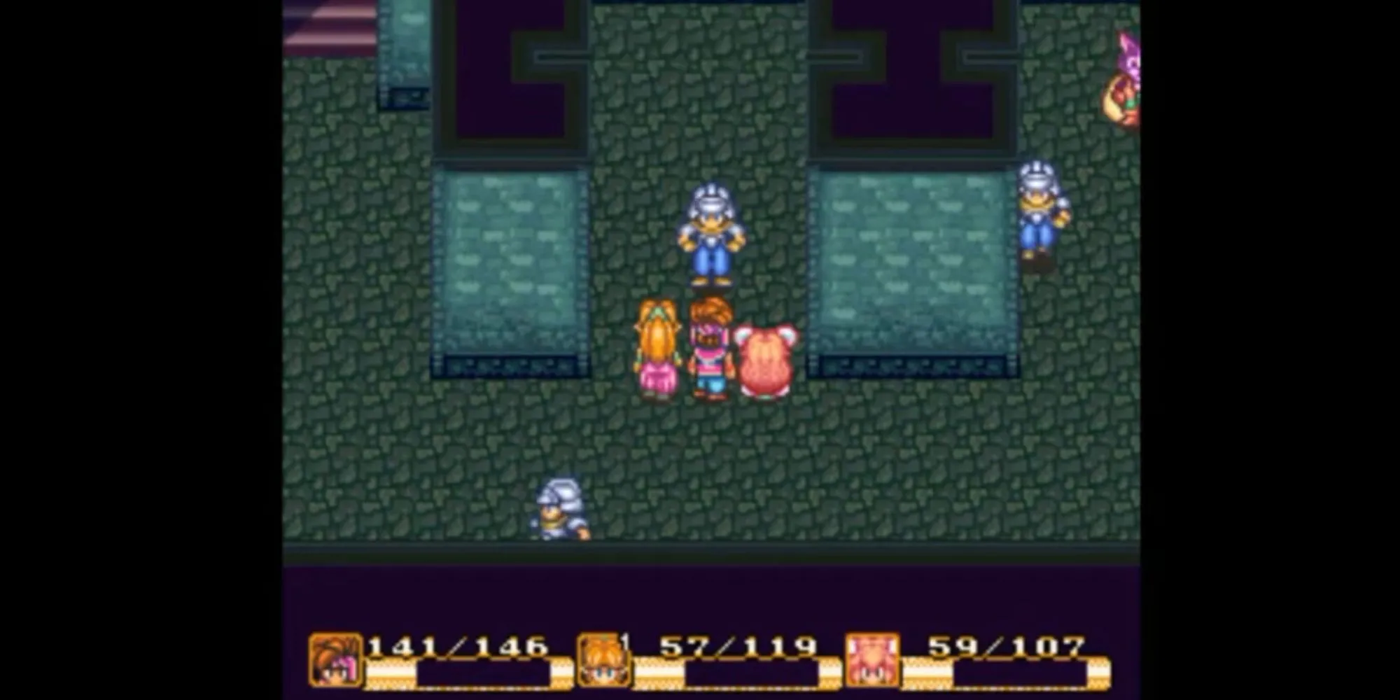 Nhân vật trong Secret of Mana chiến đấu với một tên lính gác trong môi trường đầy màu sắc
