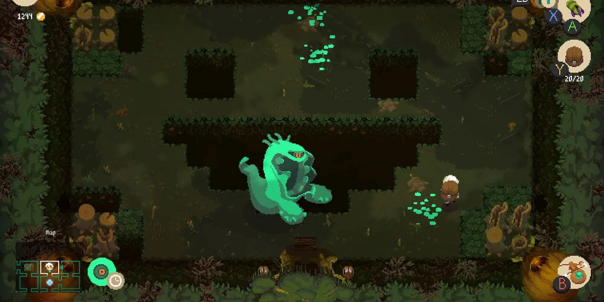 Nhân vật Will bị Kẻ lang thang truy đuổi trong hầm ngục rừng game Moonlighter
