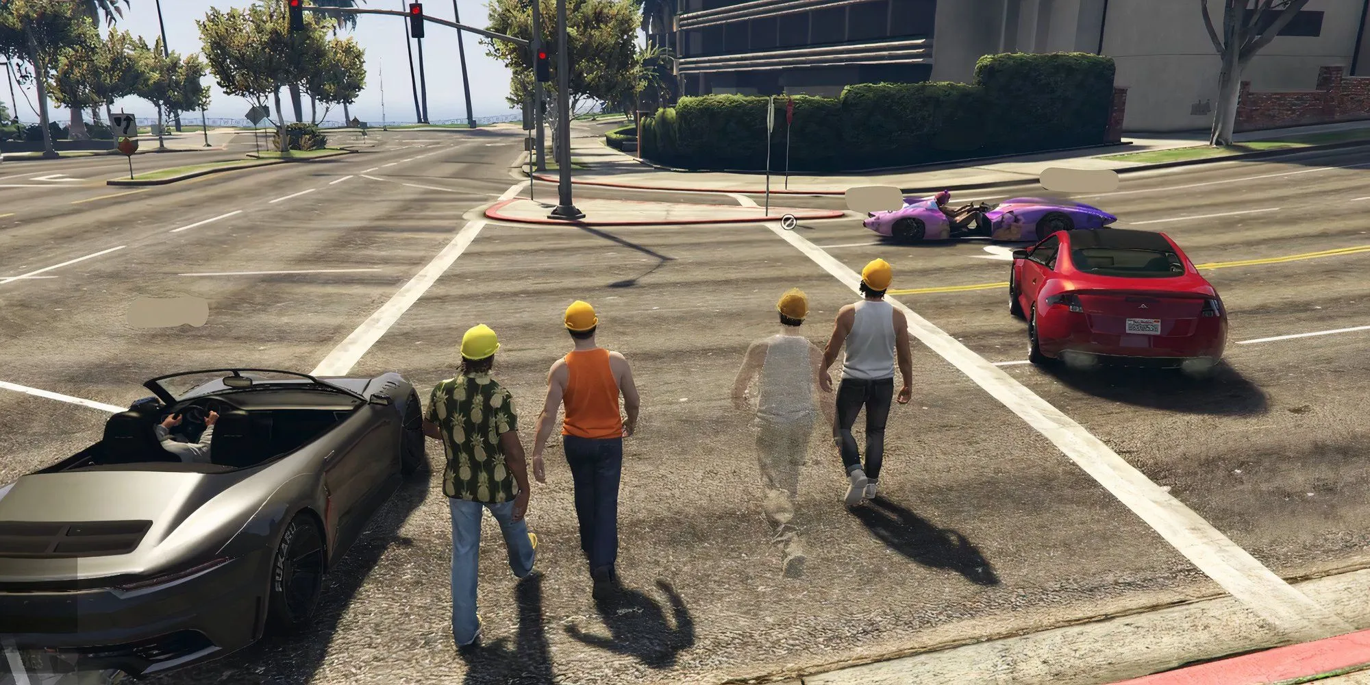 Những người chơi khác dùng xe ô tô tạo thành hàng rào bảo vệ nhóm biểu tình trong GTA V Online