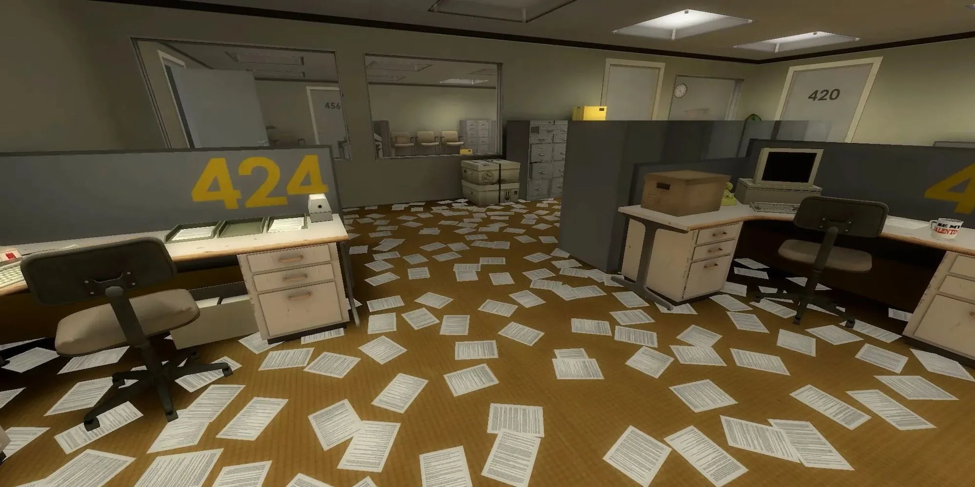 Những tờ giấy rải rác trên sàn trong The Stanley Parable, một game mô phỏng đi bộ độc đáo.