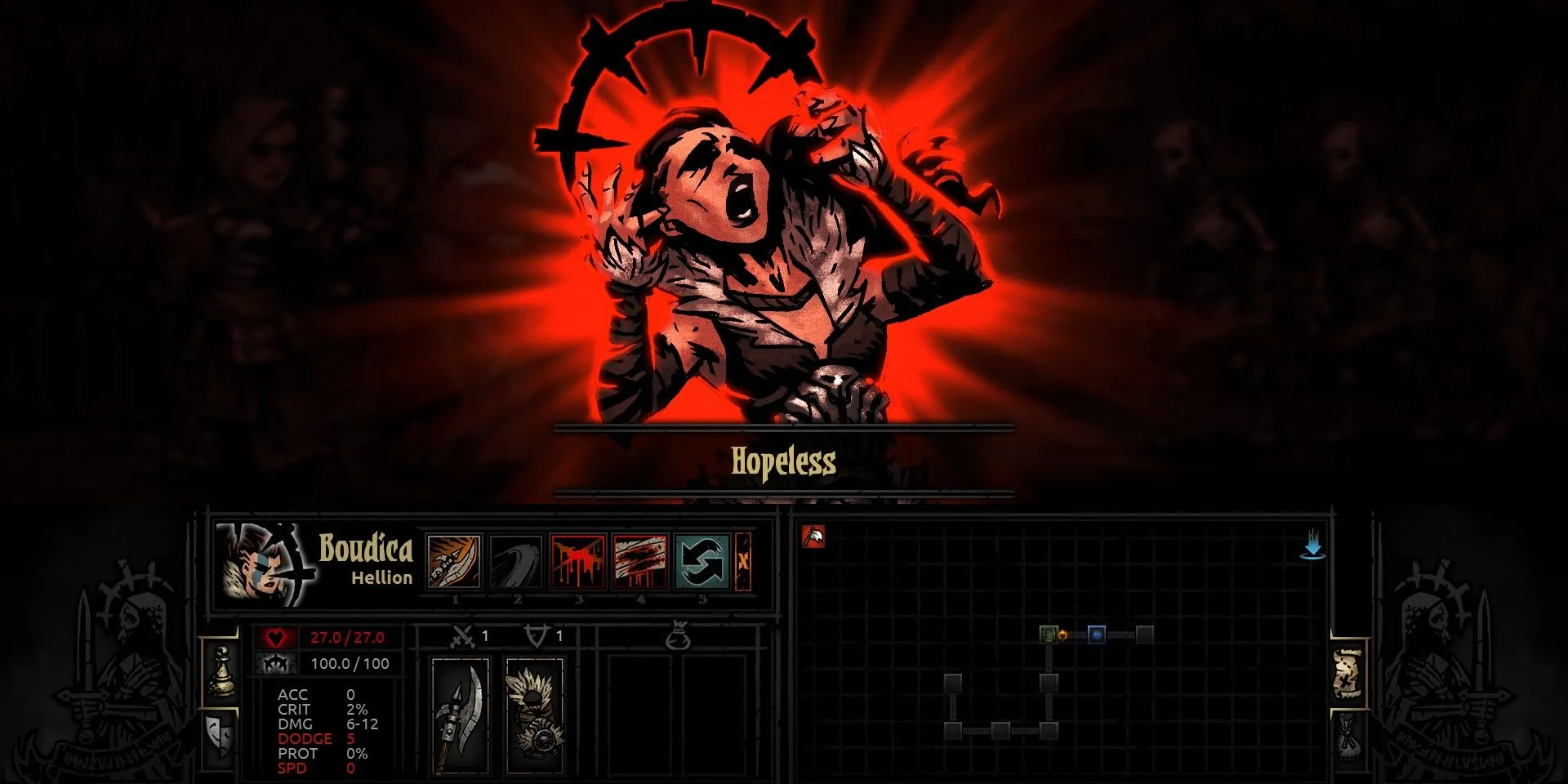 Nữ chiến binh Helion bị ảnh hưởng bởi trạng thái Vô Vọng (Hopeless) trong Darkest Dungeon khi stress cao