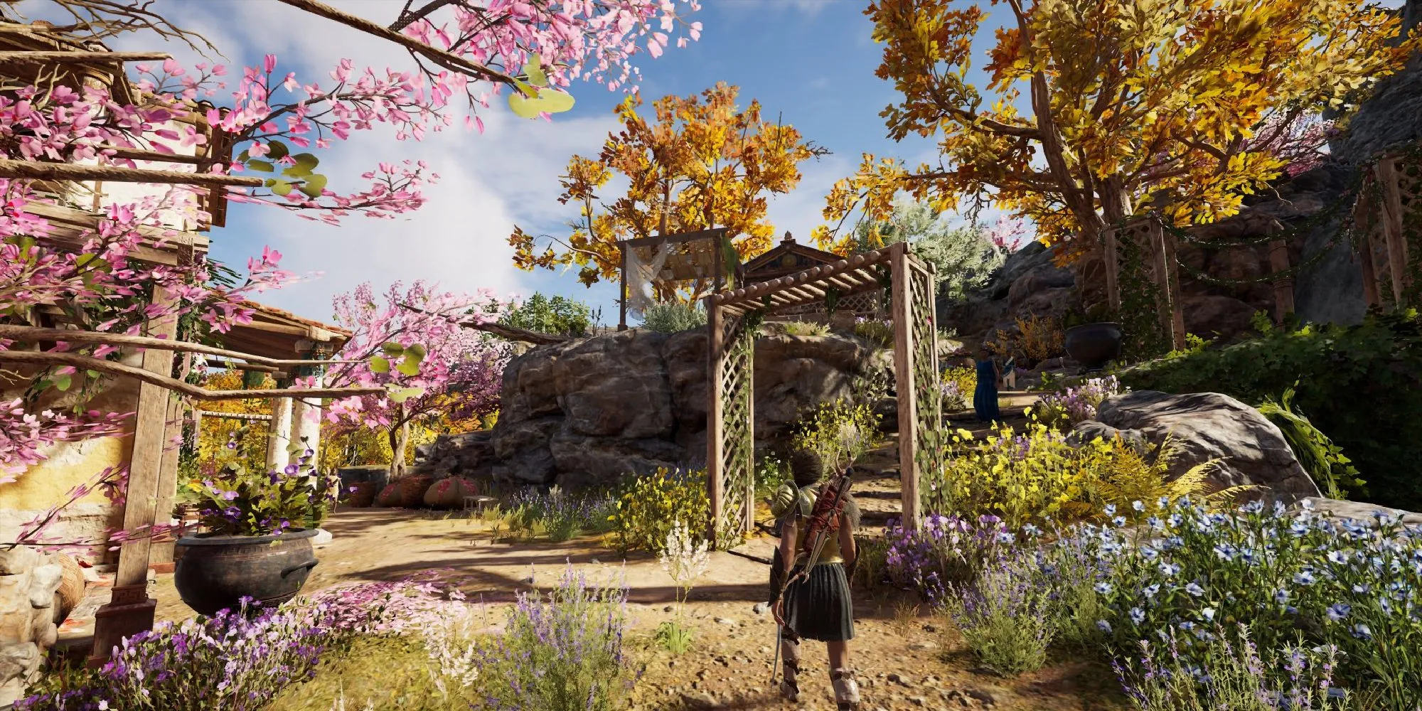 Nữ chiến binh Kassandra tiến vào làng Lalaia, Hy Lạp trong Assassin's Creed Odyssey