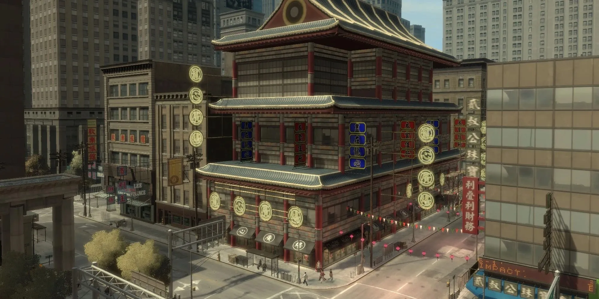 Phố Tàu Chinatown Liberty City trong GTA với kiến trúc và đèn lồng đỏ đặc trưng vào ban đêm