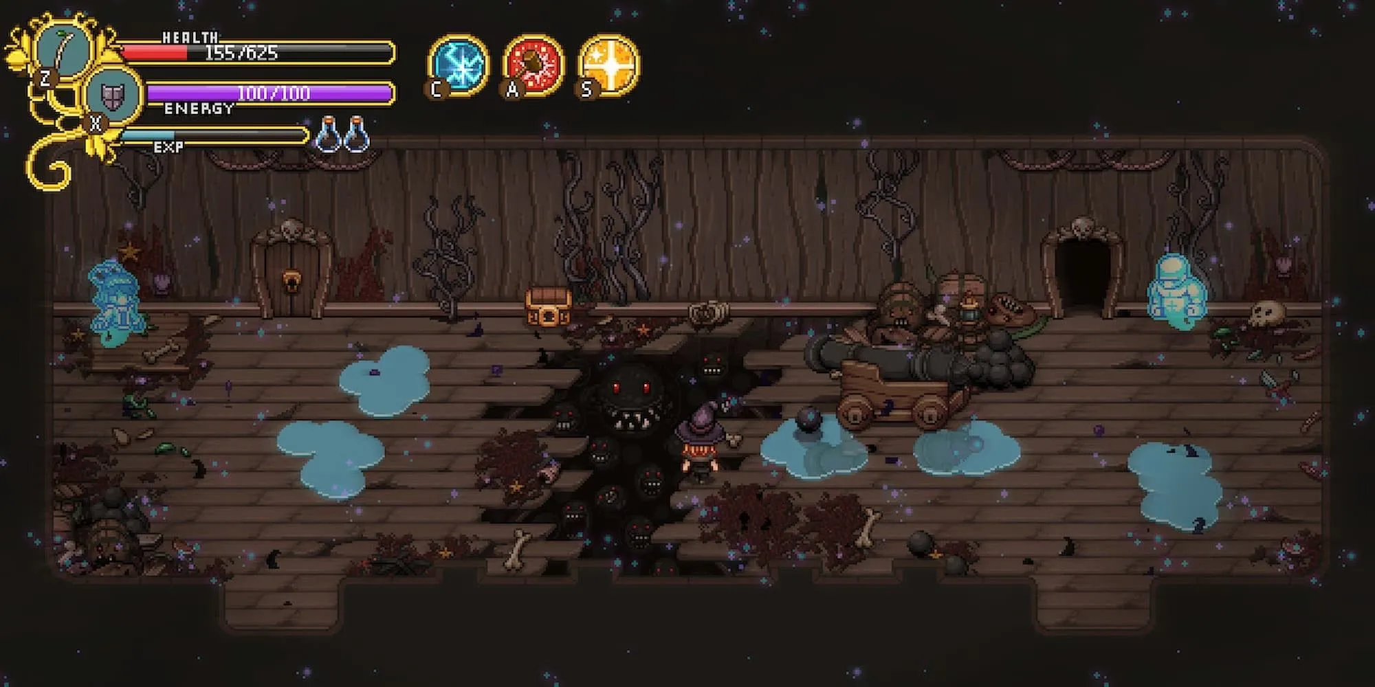 Quái vật dưới sàn nứt trong game Secrets of Grindea chiến đấu với nhân vật