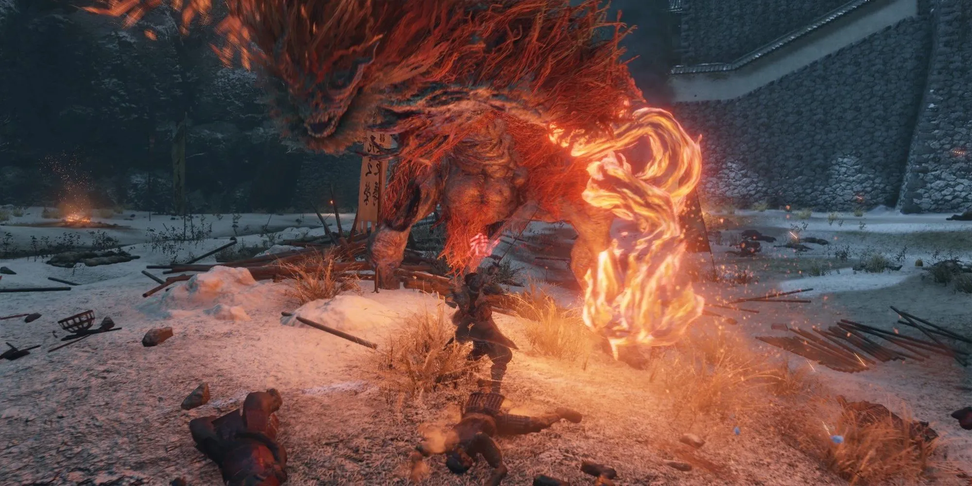 Quỷ Hận Thù (Demon of Hatred) chuẩn bị tấn công Sói (Wolf) trong Sekiro: Shadows Die Twice