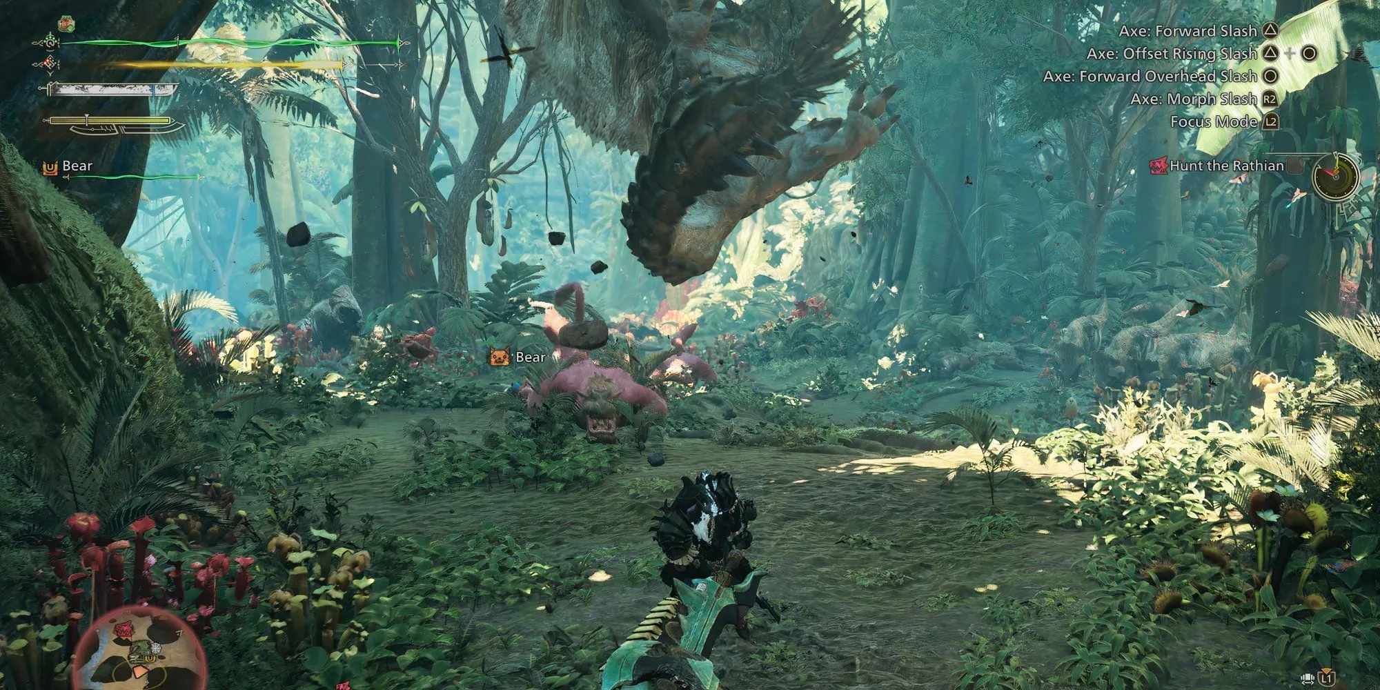 Rathian tấn công bằng đuôi trong Monster Hunter Wilds, một mục tiêu săn trong nhiệm vụ SOS giúp tăng Hunter Rank