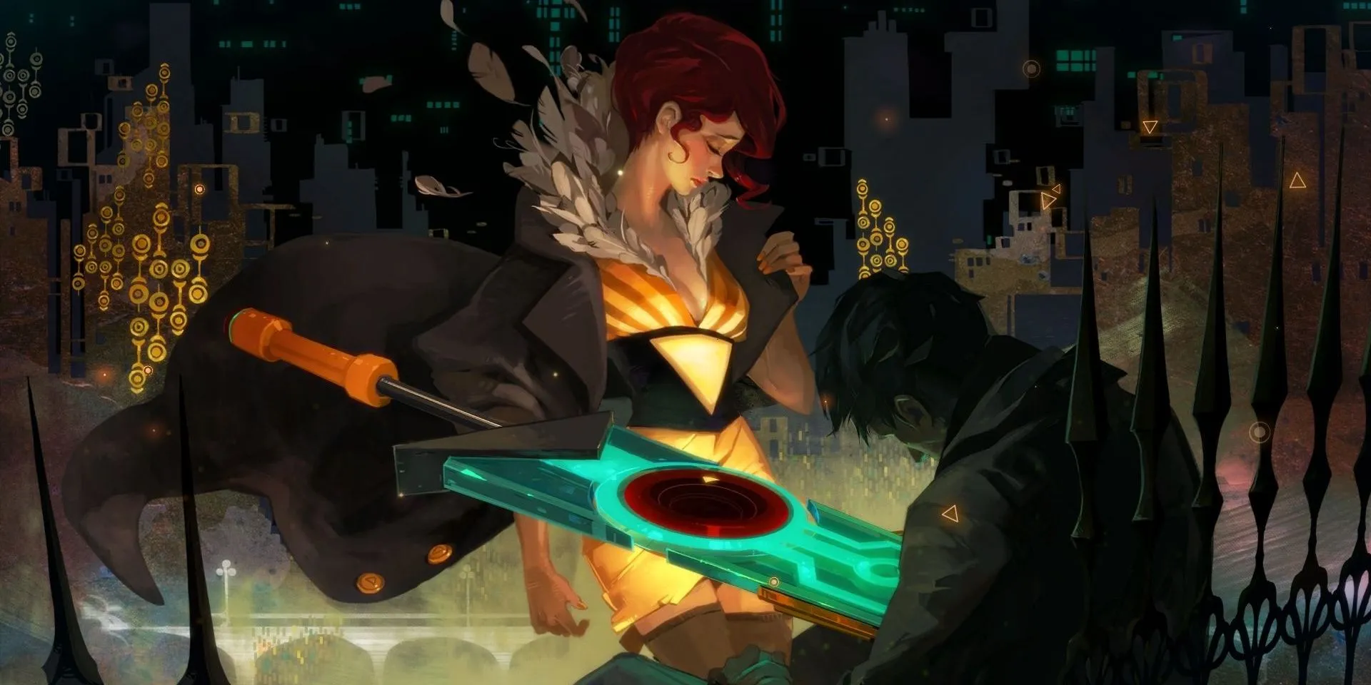 Red cầm thanh Transistor trong game Transistor với khung cảnh thành phố tương lai