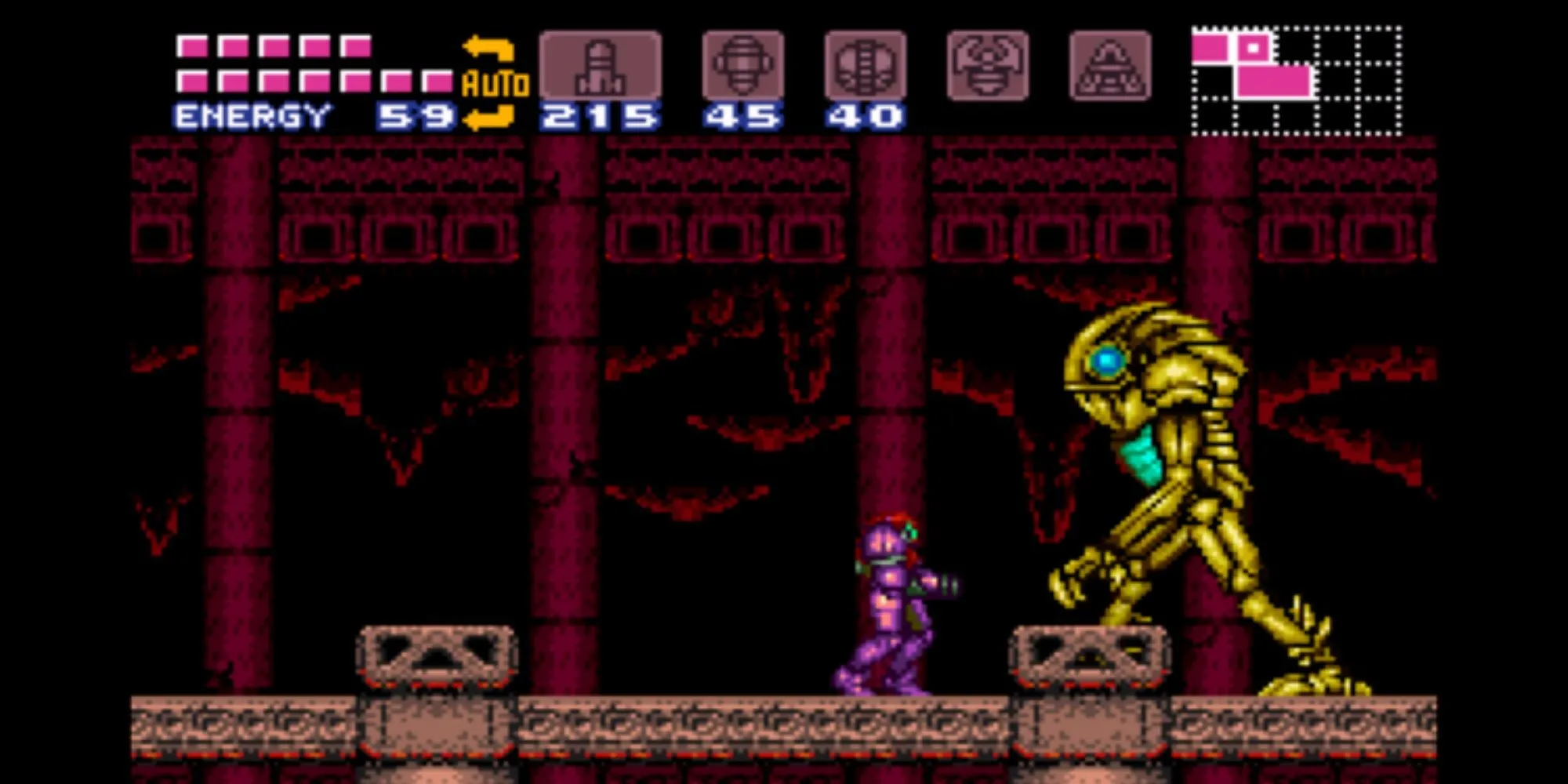 Samus Aran đối đầu Golden Torizo trong Super Metroid trên SNES