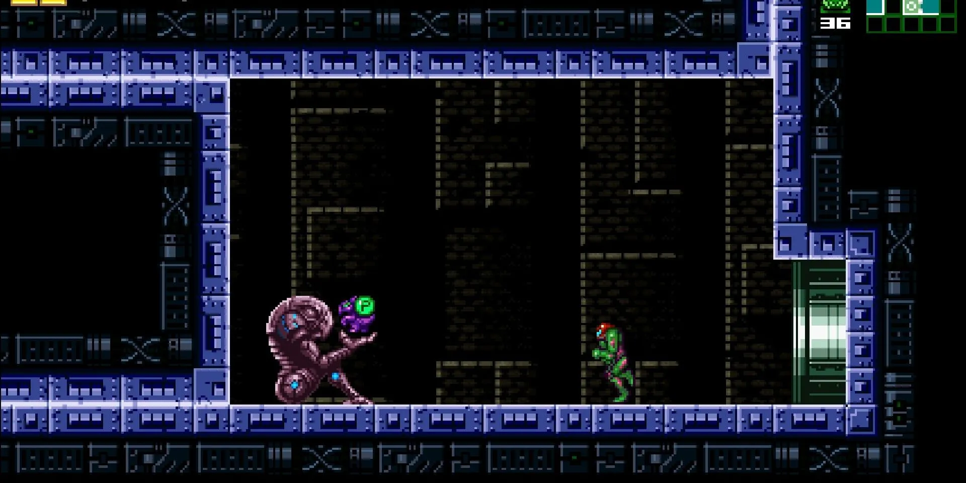 Samus Aran trong AM2R với Plasma Beam đang khám phá một khu vực tối tăm, thay thế cho Space Jump