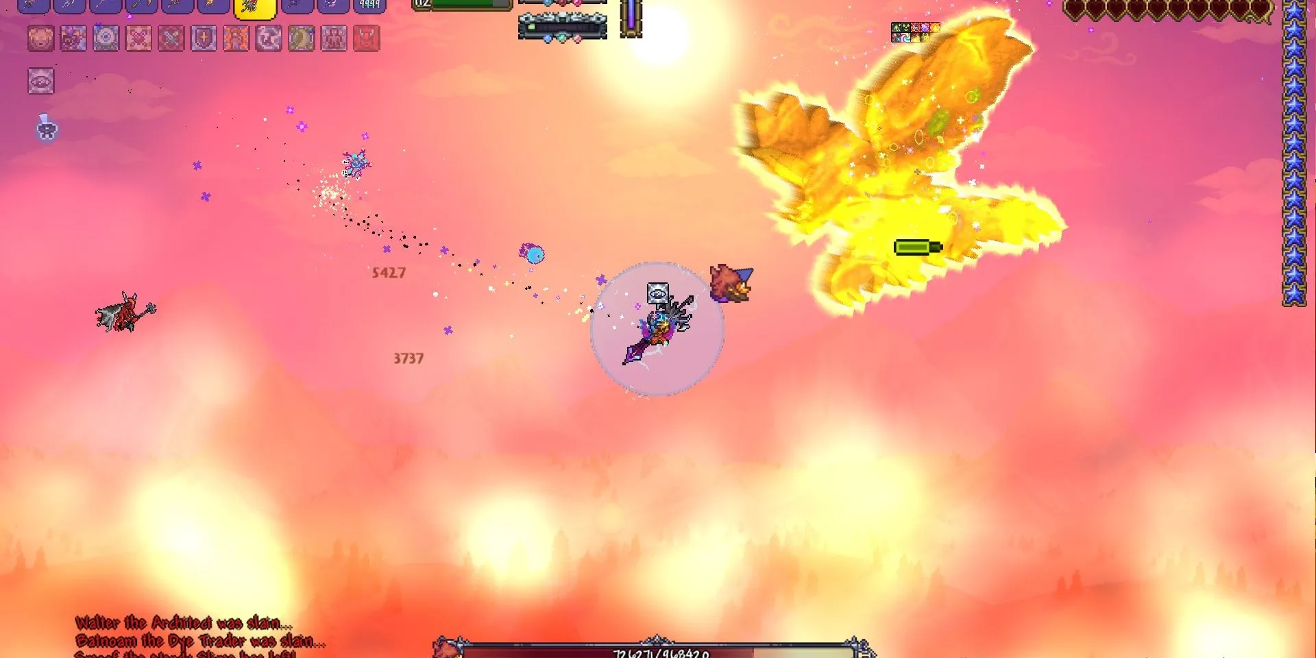 Screenshot Yharon trong Terraria Calamity Mod với những luồng đạn dày đặc
