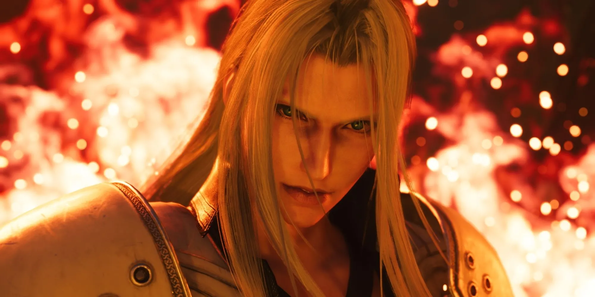 Sephiroth đứng giữa biển lửa trong một cảnh game Final Fantasy