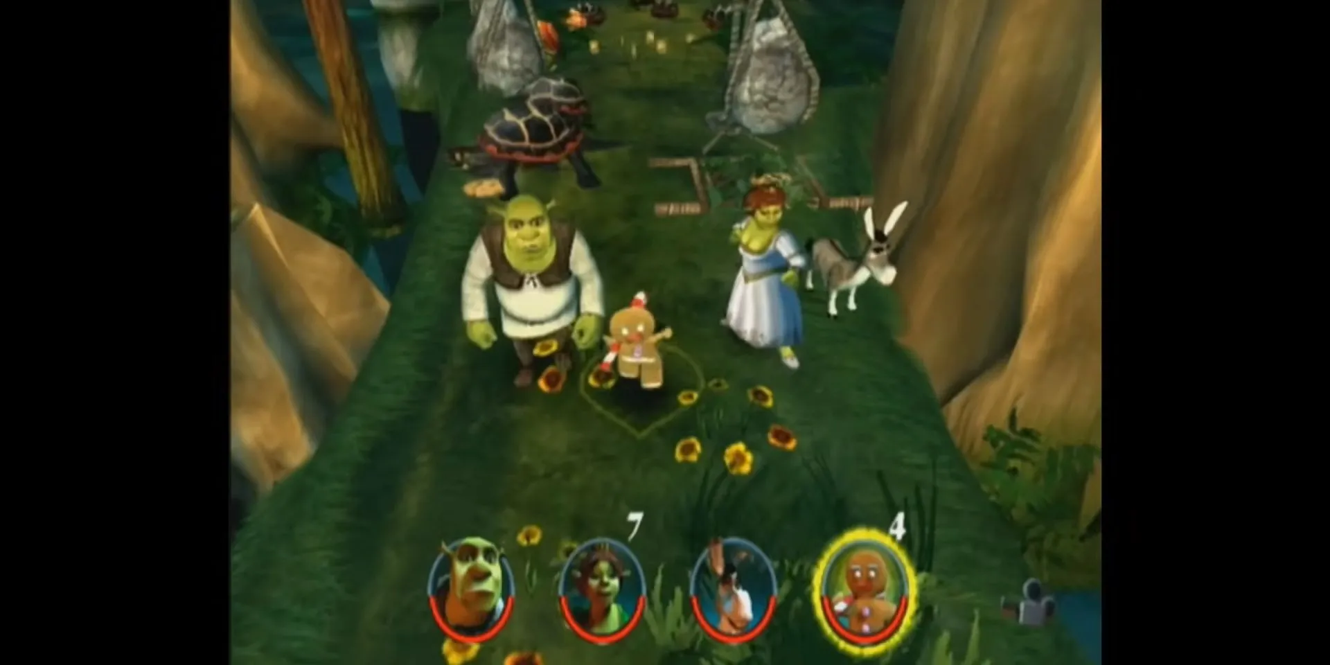 Shrek, Fiona, Donkey, và Gingerbread Man trong game Shrek 2