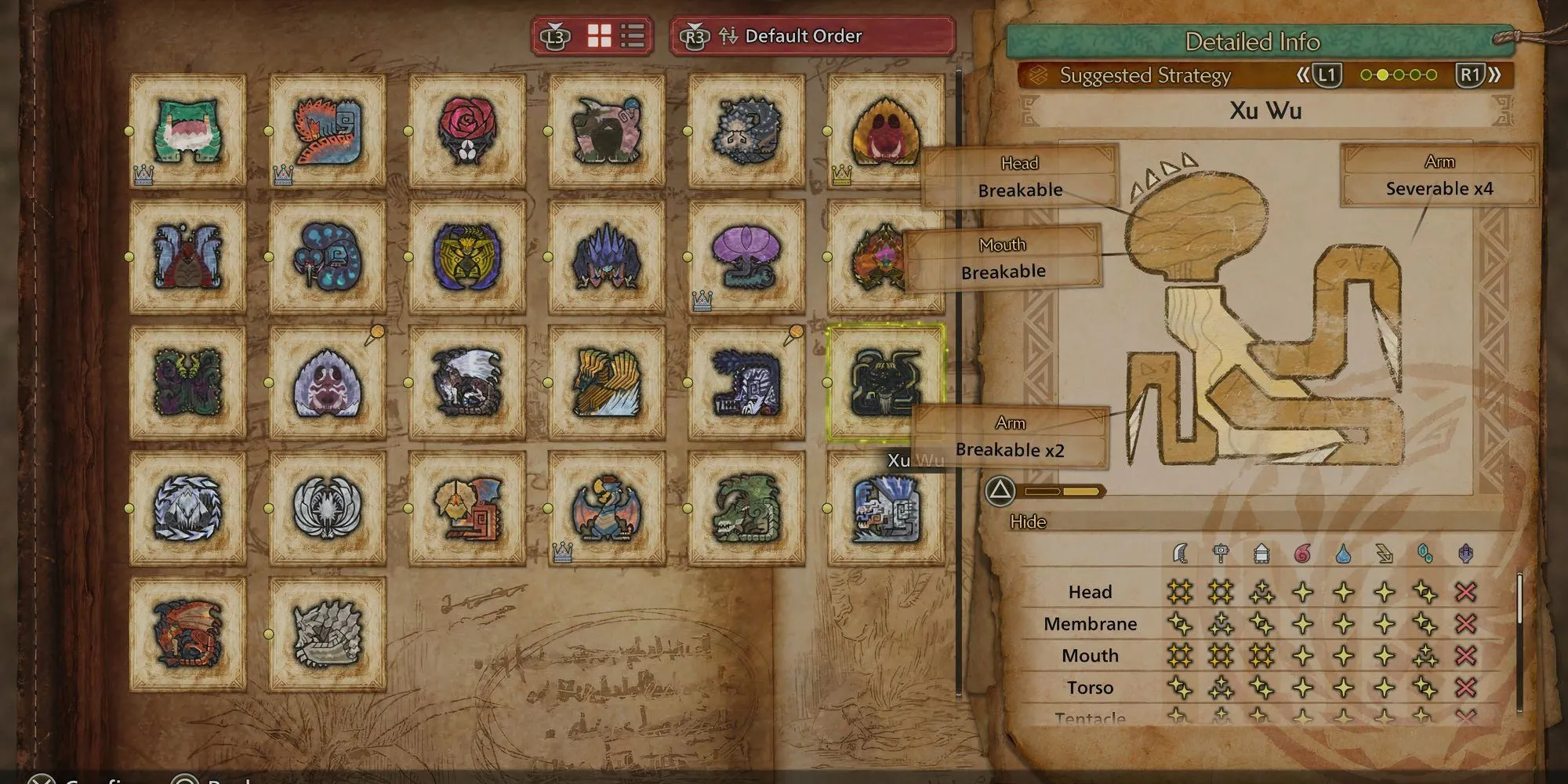 Sơ đồ các điểm yếu nguyên tố và bộ phận của quái vật Xu Wu trong Monster Hunter Wilds