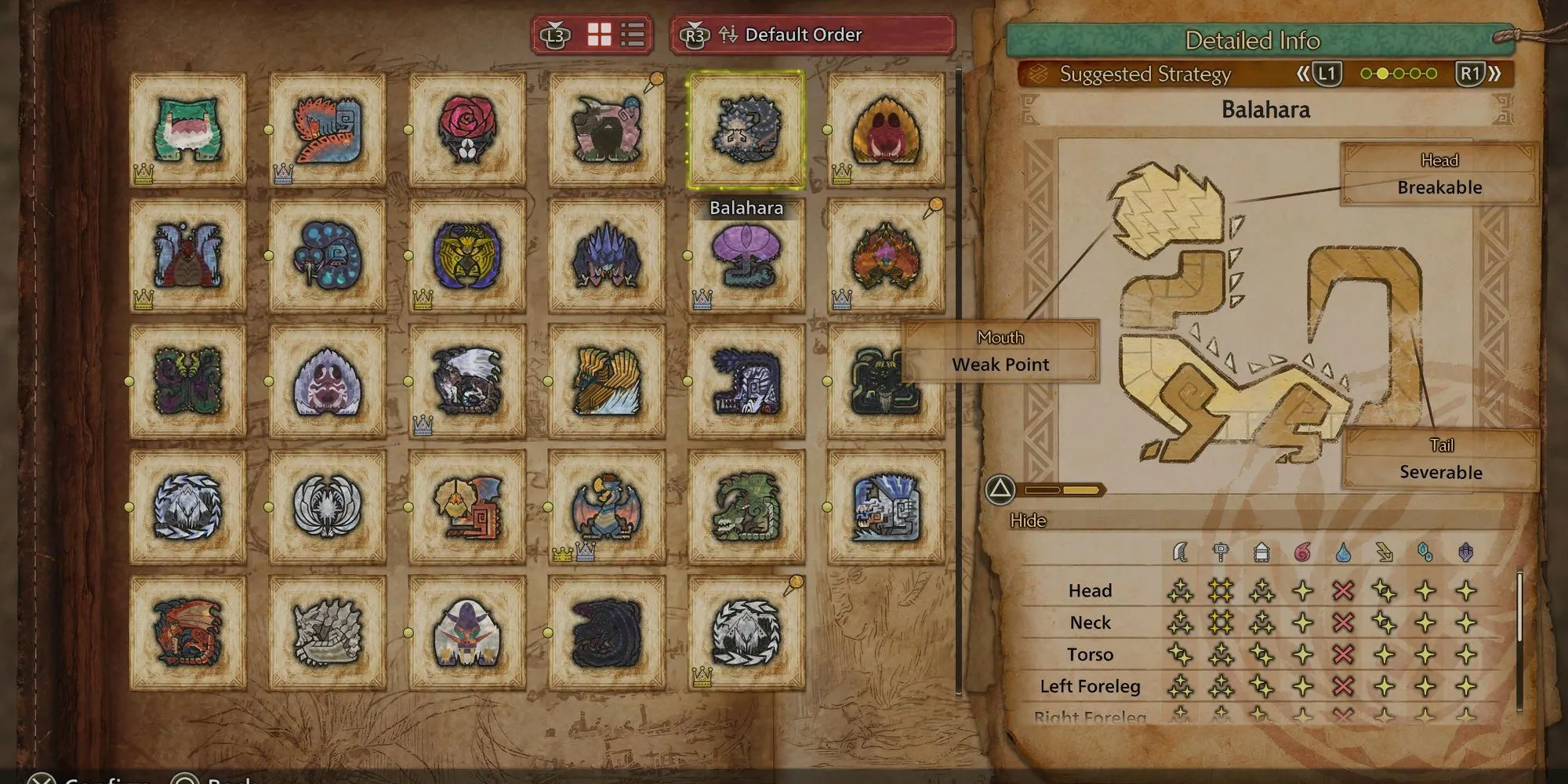 Sơ đồ điểm yếu của Balahara trong Monster Hunter Wilds hiển thị các bộ phận dễ bị tổn thương