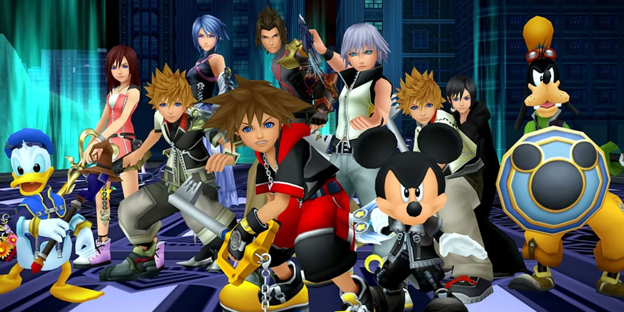 Sora cùng các bạn Donald, Goofy và dàn nhân vật chủ chốt trong thế giới Kingdom Hearts