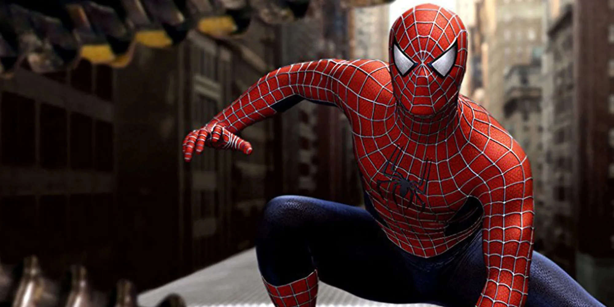 Spider-Man đu tơ qua các tòa nhà chọc trời ở New York trong game Spider-Man 2 trên PS2