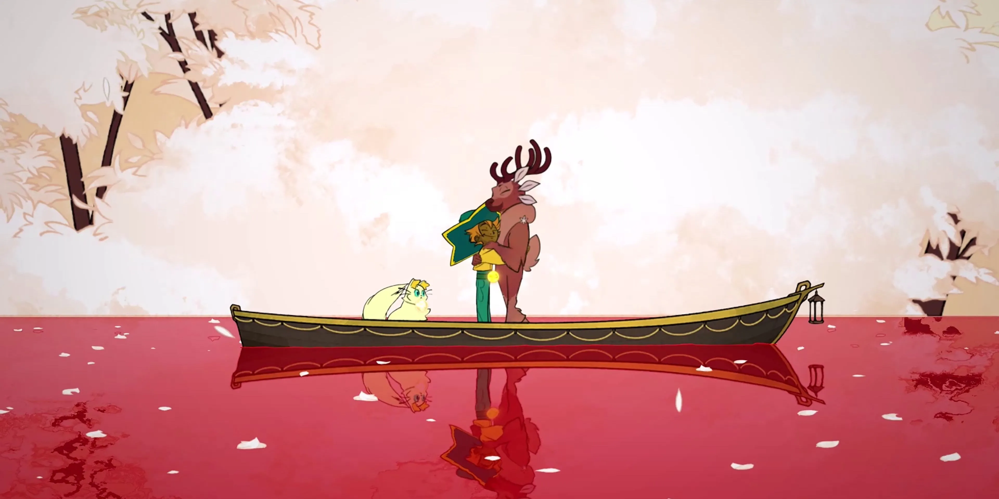 Stella ôm Gwen trong khung cảnh ấm áp của game Spiritfarer