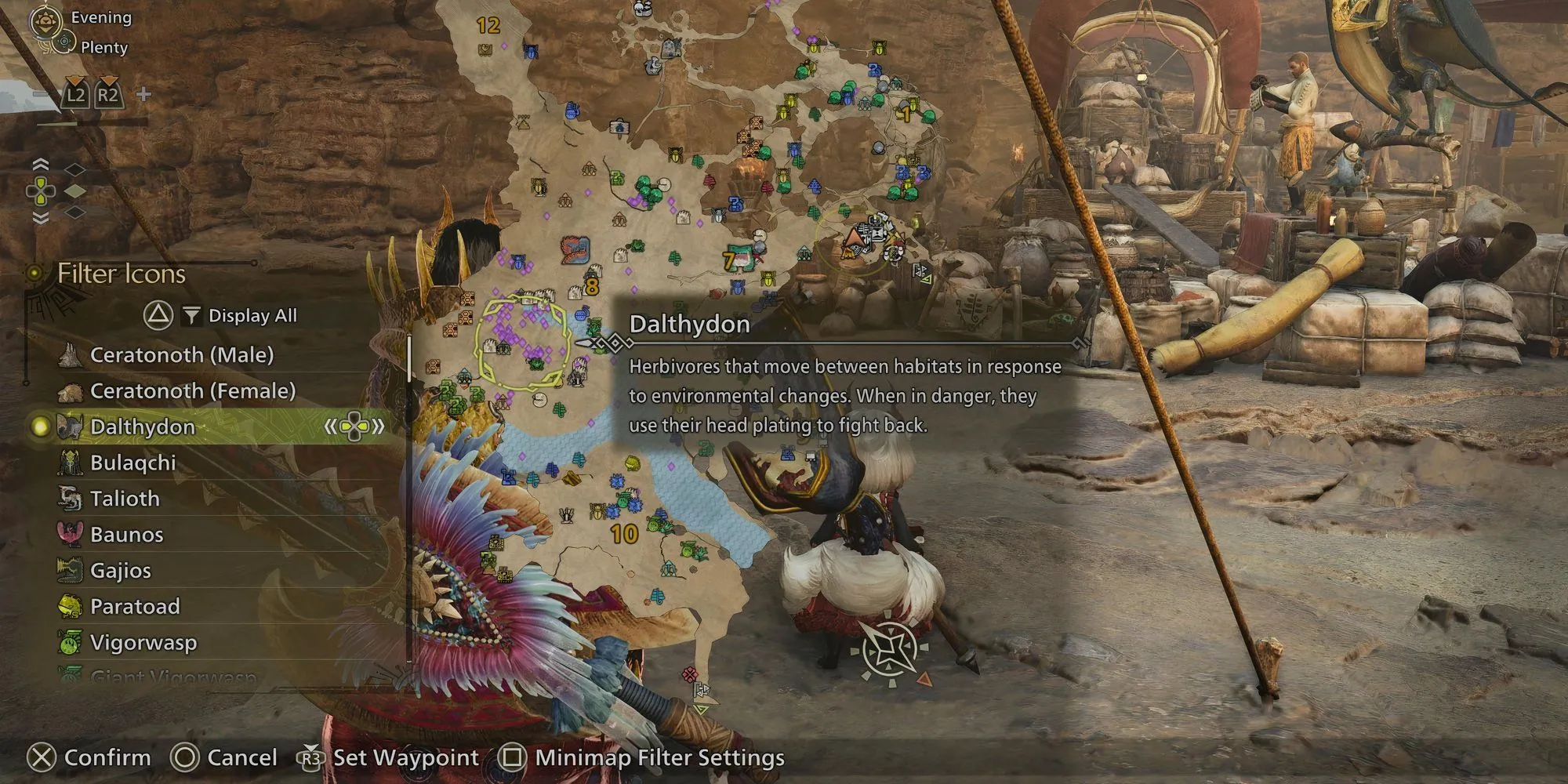 Sử dụng bộ lọc biểu tượng Filter Icons trên bản đồ Monster Hunter Wilds để tìm nguyên liệu