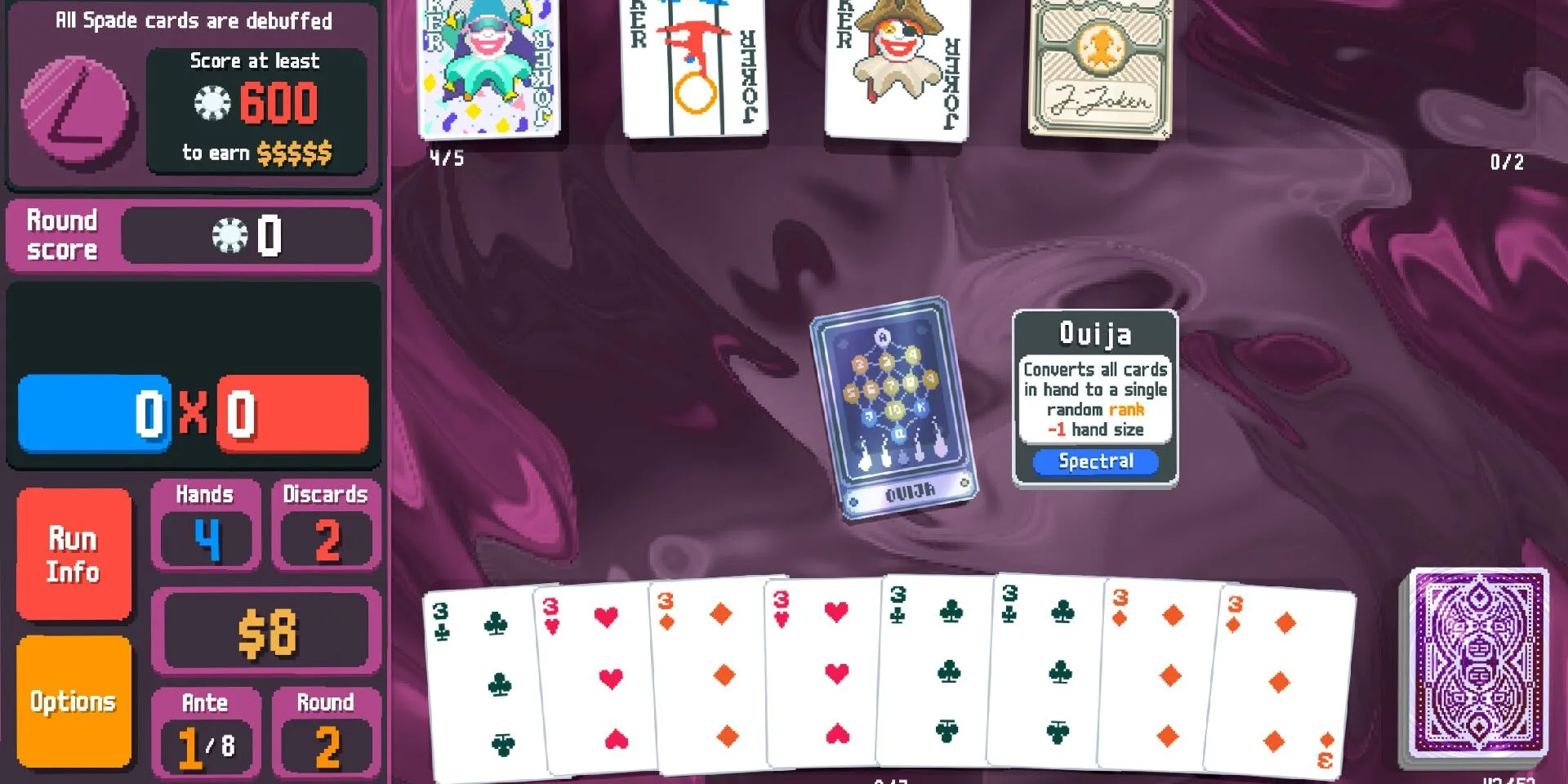 Sử dụng lá bài Ouija trong game Balatro trên một bàn chơi bài kỹ thuật số