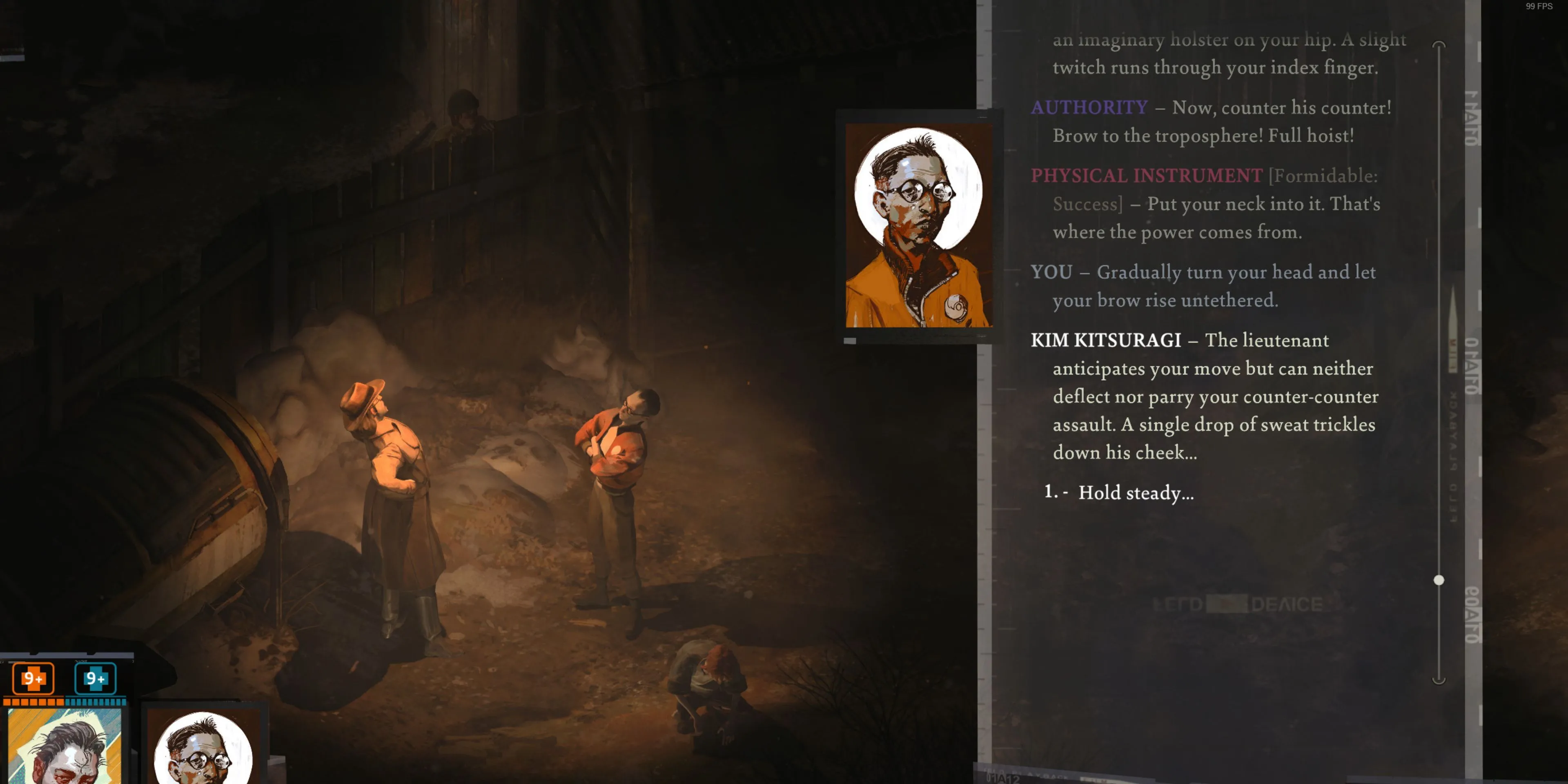 Thám tử Kim Kitsuragi nhìn chằm chằm trong game Disco Elysium với biểu cảm nghiêm nghị