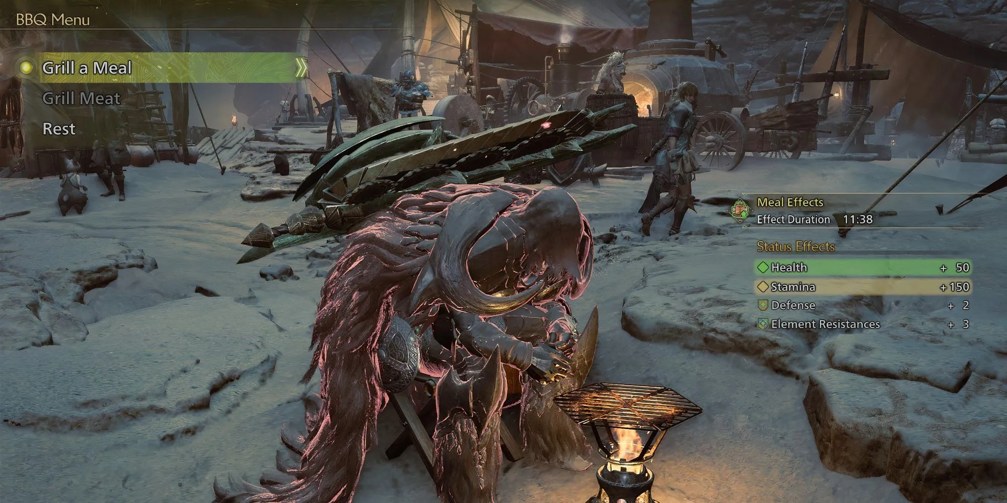 Thợ săn chuẩn bị thức ăn tăng sức mạnh trước khi đối đầu Uth Duna trong Monster Hunter Wilds