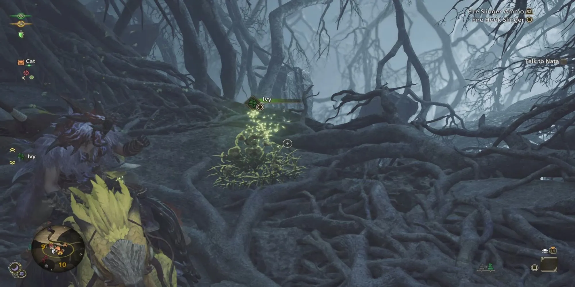 Thợ săn cưỡi Seikret dùng móc câu thu thập vật phẩm từ xa trong Monster Hunter Wilds