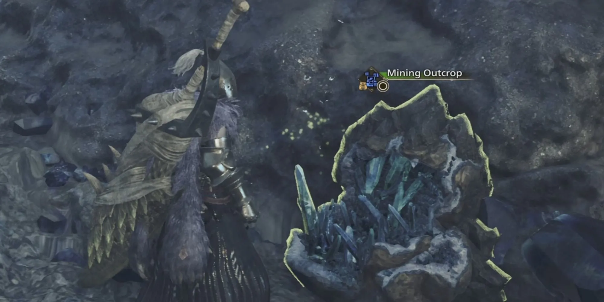 Thợ săn đang khai thác mỏ trong Monster Hunter Wilds với Bùa Địa Chất