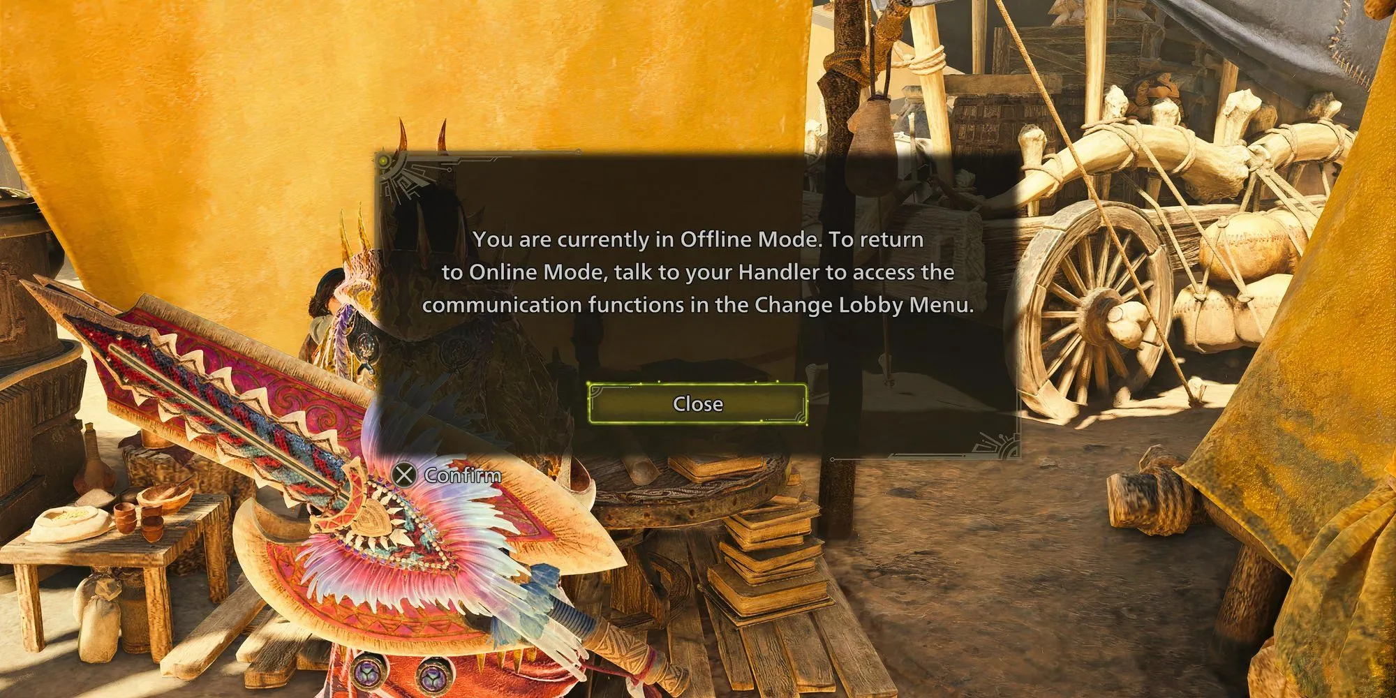 Thợ săn đang nói chuyện với Handler Alma tại trại chính trong Monster Hunter Wilds để kích hoạt chế độ chơi đơn trực tuyến.
