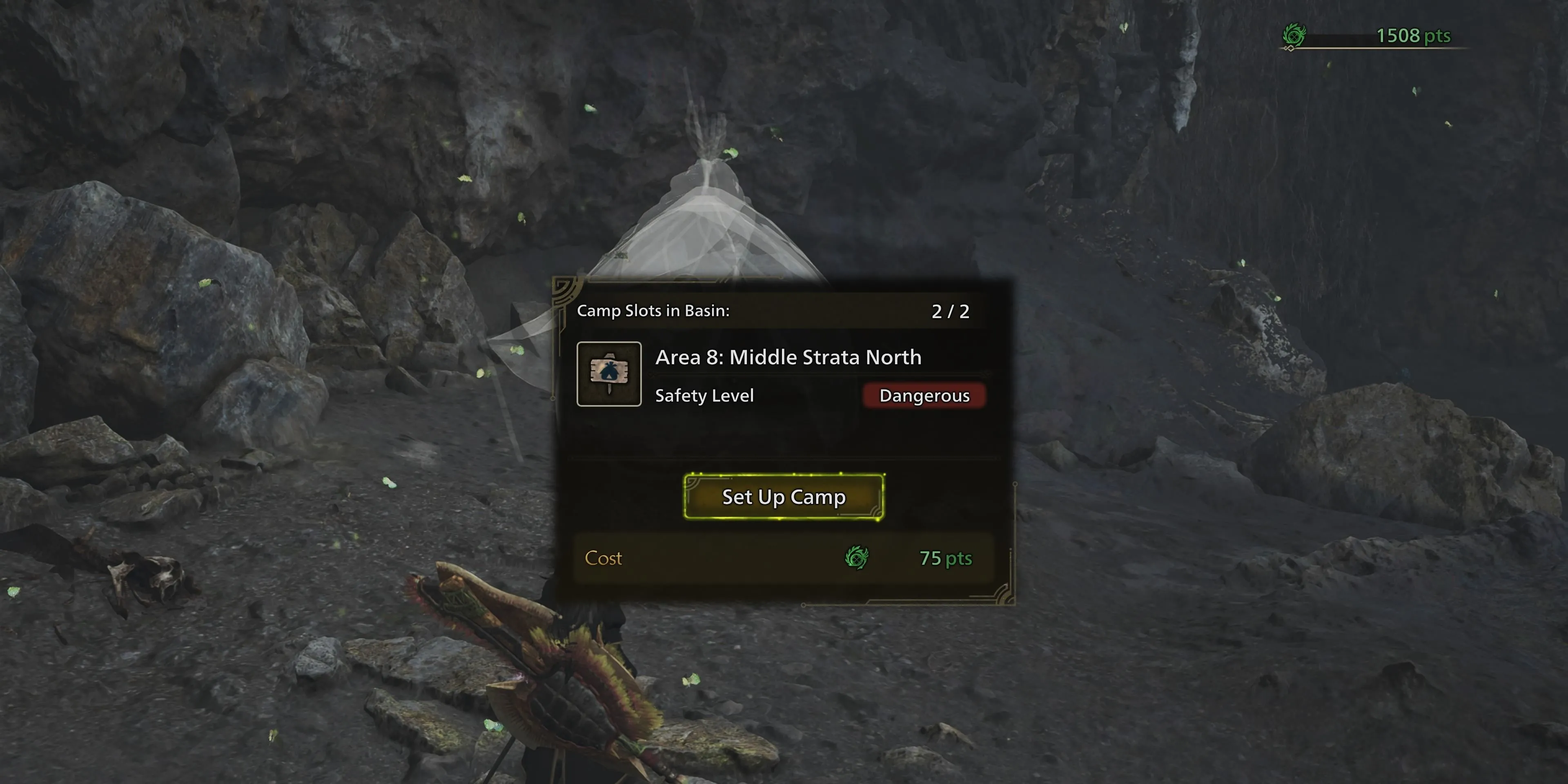 Thợ săn đang thiết lập Trại Dã Chiến giữa vùng đất hoang sơ trong Monster Hunter Wilds.