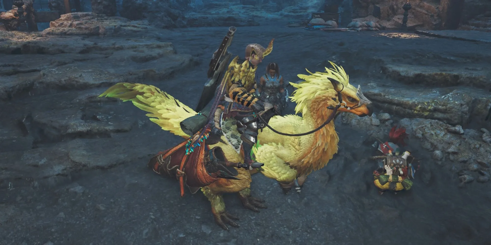 Thợ săn Monster Hunter Wilds cưỡi Seikret mang theo vũ khí phụ khám phá thế giới