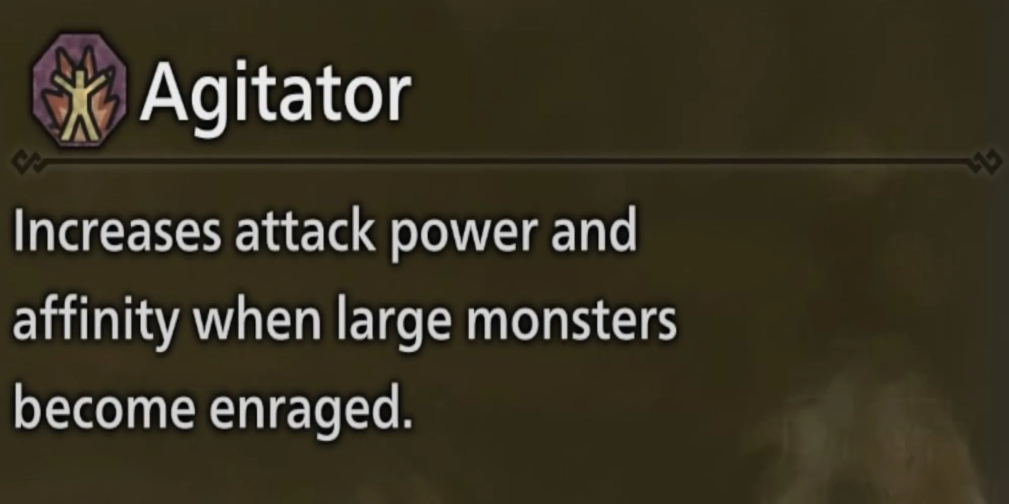 Thợ săn Monster Hunter Wilds đối mặt với một con quái vật đang nổi giận, với biểu tượng kỹ năng Agitator phát sáng, biểu thị việc tăng sát thương