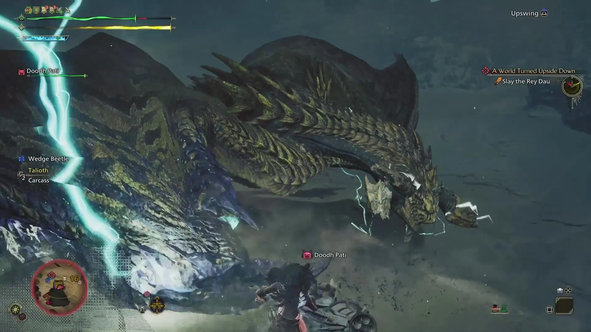 Thợ săn sử dụng búa chiến đấu với quái vật Rey Dau trong Monster Hunter Wilds
